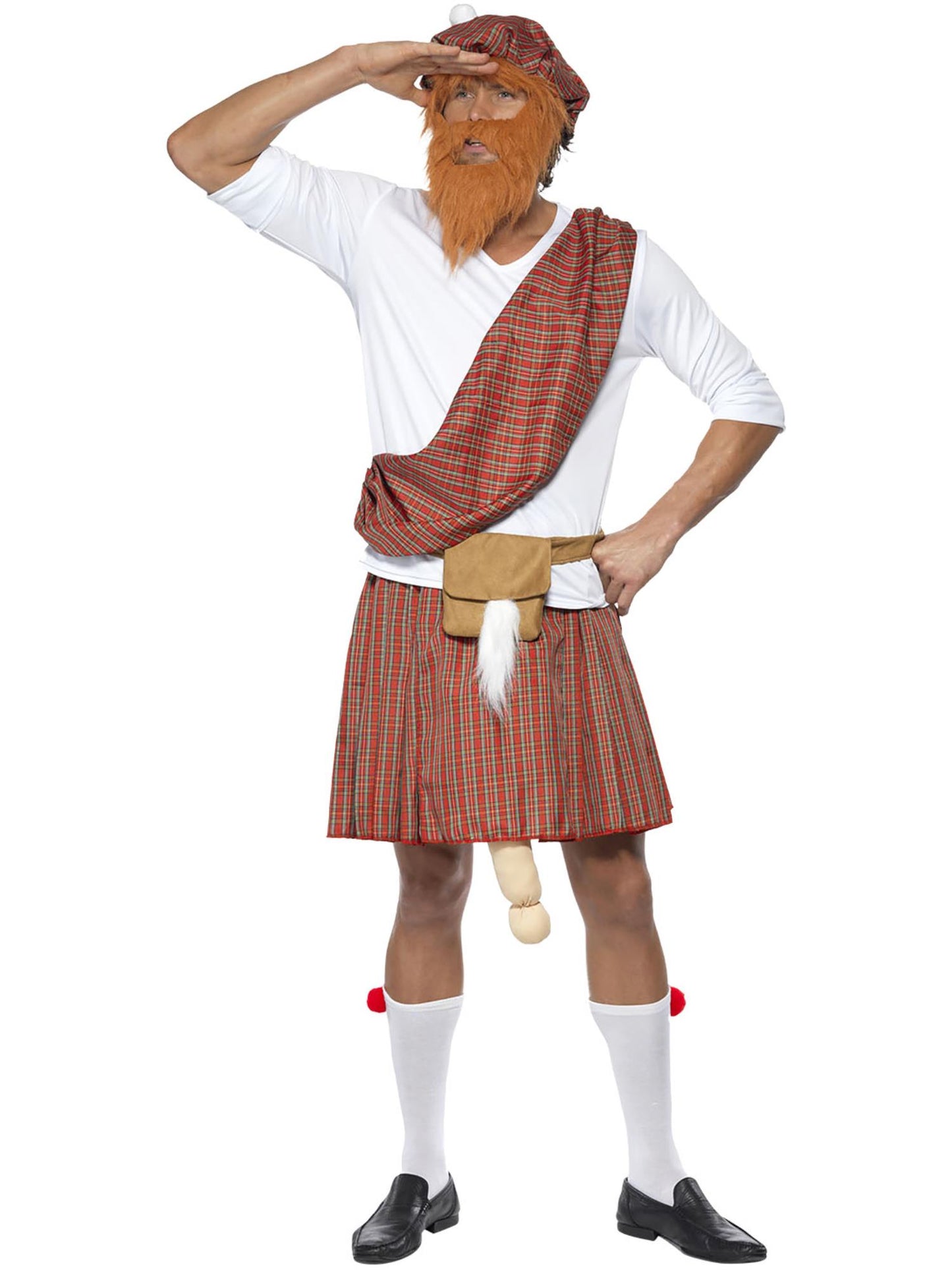 Gut bestückt' Highlander Kostüm Rot Mütze Bart Oberteil Schärpe Kilt Sporran Socken 'Ausstattung'