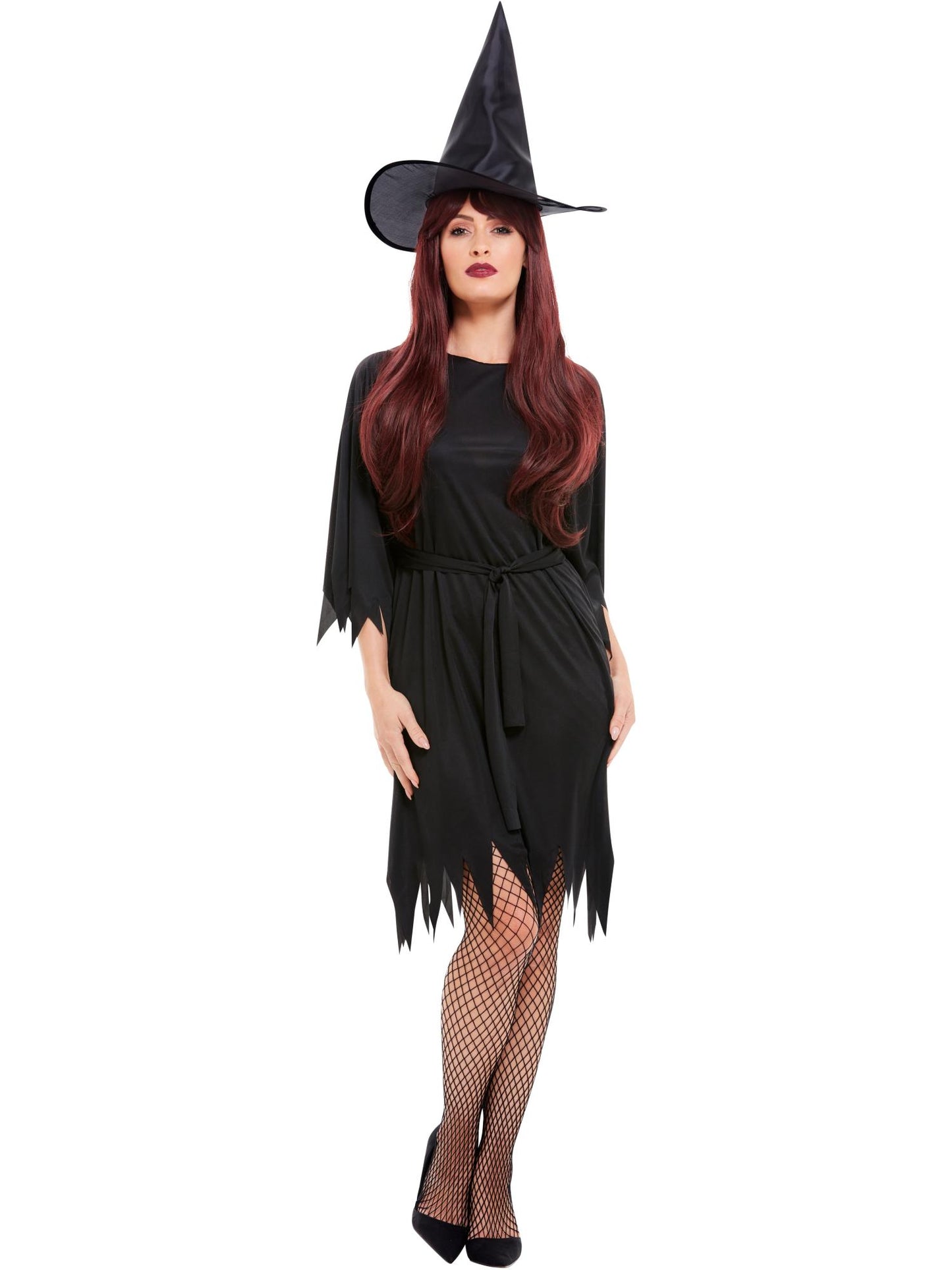 Disfraz de bruja horripilante, Negro, con vestido, cinturón y sombrero