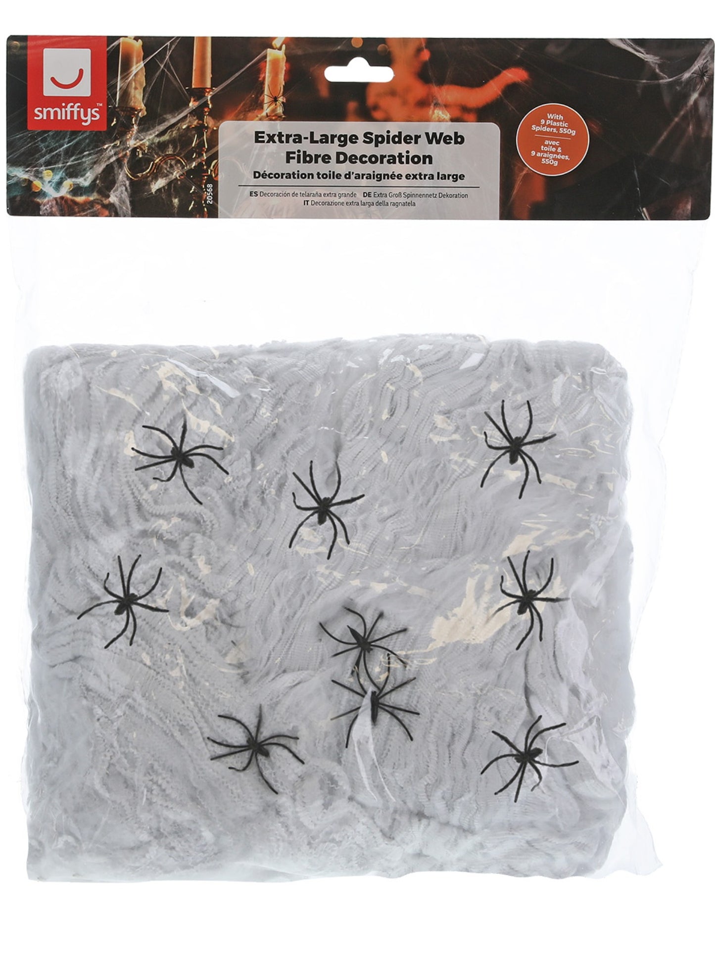 Decoración de telaraña extra grande, 550 g, con 9 arañas de plástico