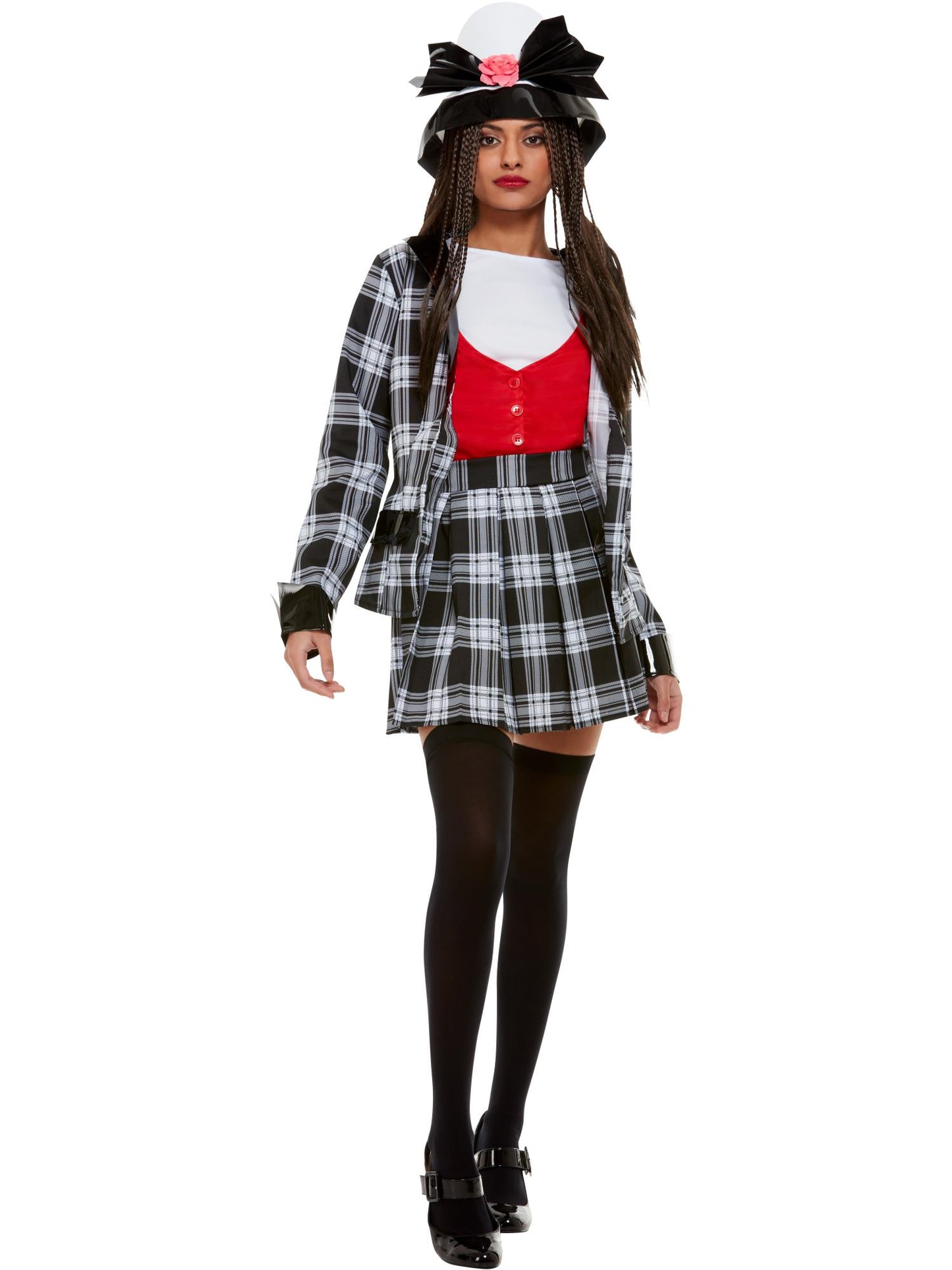 Disfraz de Dionne de Clueless Fuera de onda, Negro, con falda, parte de arriba, chaqueta, calcetines hasta la rodilla y sombrero