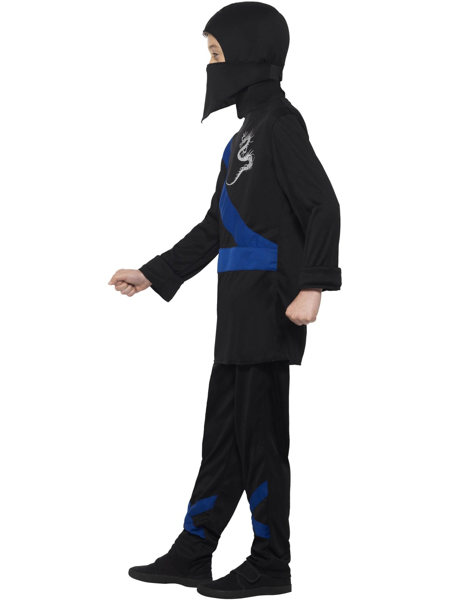 Ninja Assassin-Kostüm, Schwarz und Blau, mit Kapuze, Maske, Oberteil und Hose