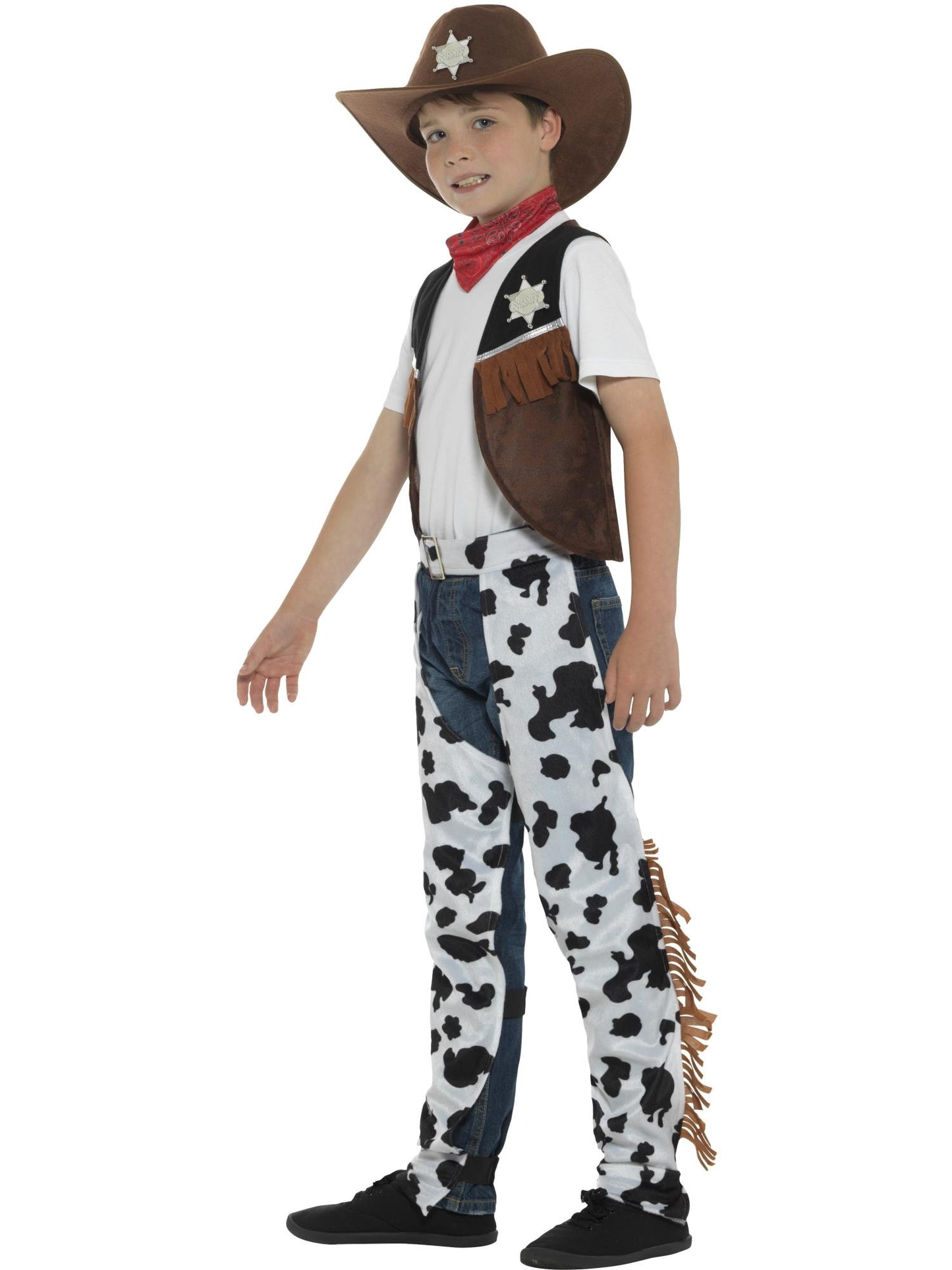 Texanisches Cowboy-Kostüm, Braun, mit Hut, Halsband, Weste, Abzeichen und Cowboyhose
