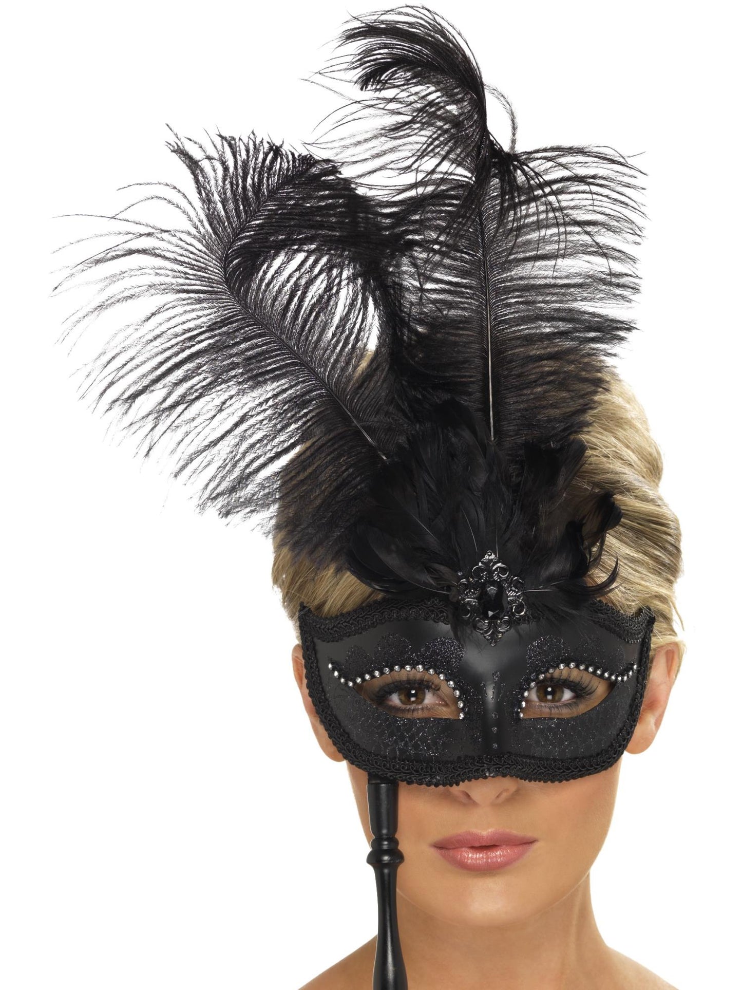 Barock-Fantasie Augenmaske, Schwarz, mit Federn