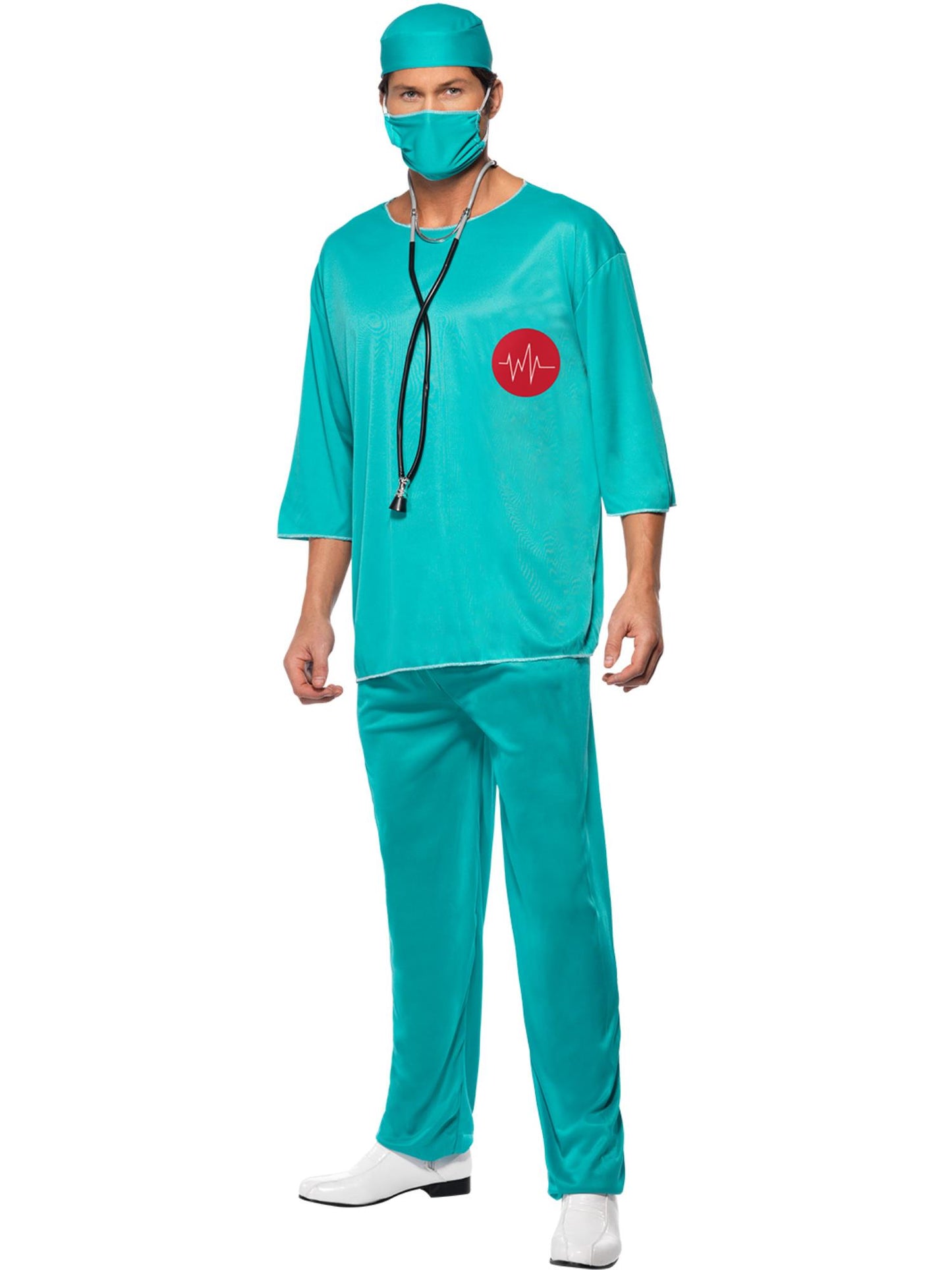 Costume de chirurgien, vert, avec tunique, pantalon, coiffe et masque