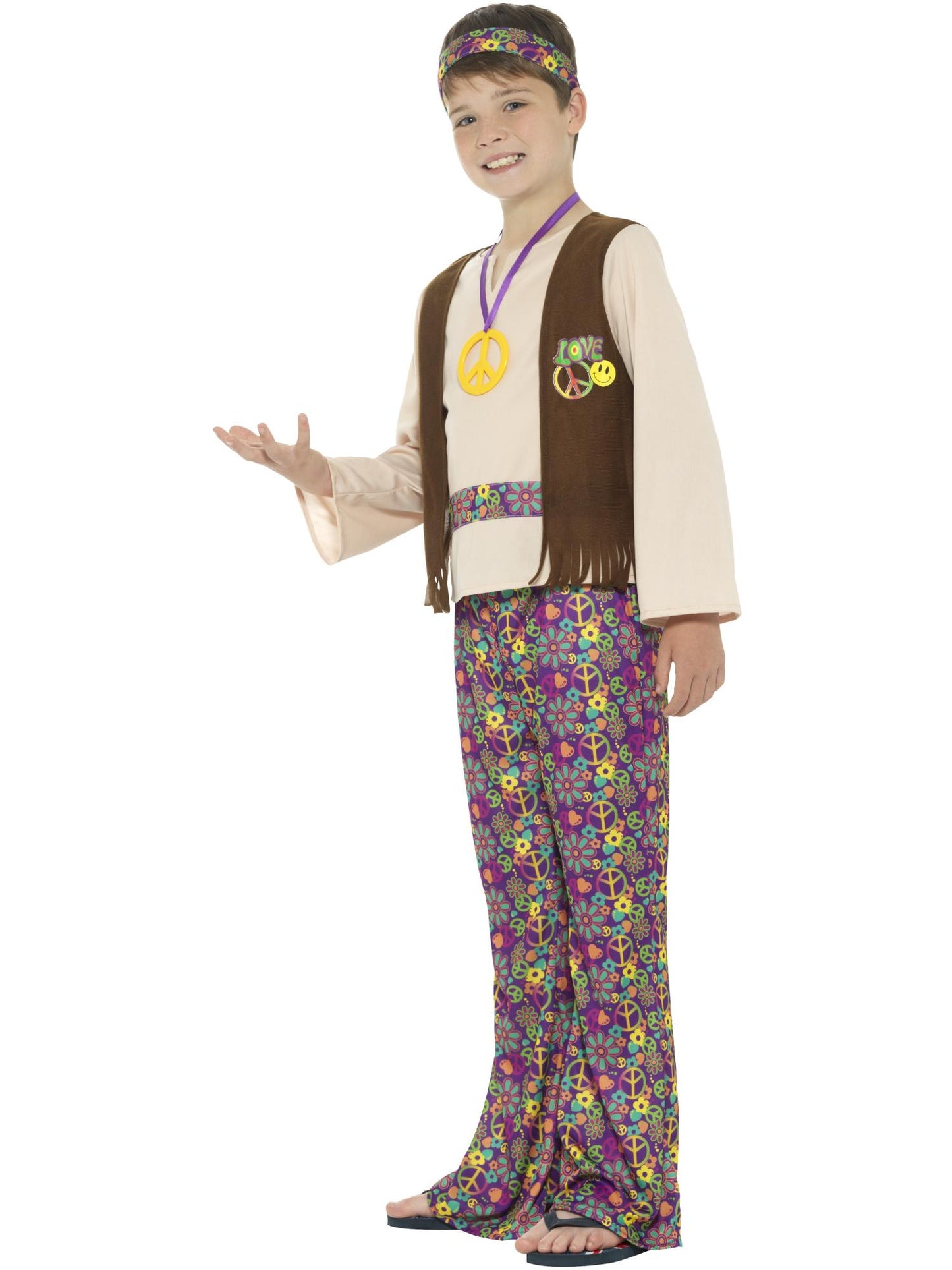 Costume hippy pour garçon, multicolore, avec haut, gilet attaché, pantalon, médaillon et bandeau