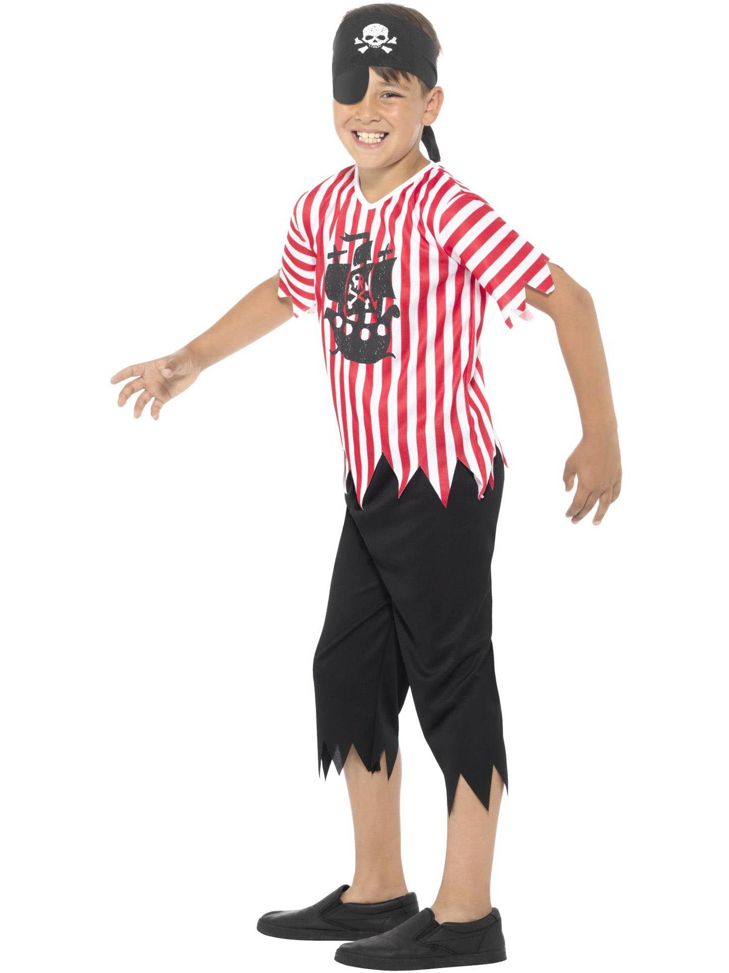 Costume pirate enjoué pour garçon, rouge et blanc, avec haut, pantalon, bandana et cache-œil