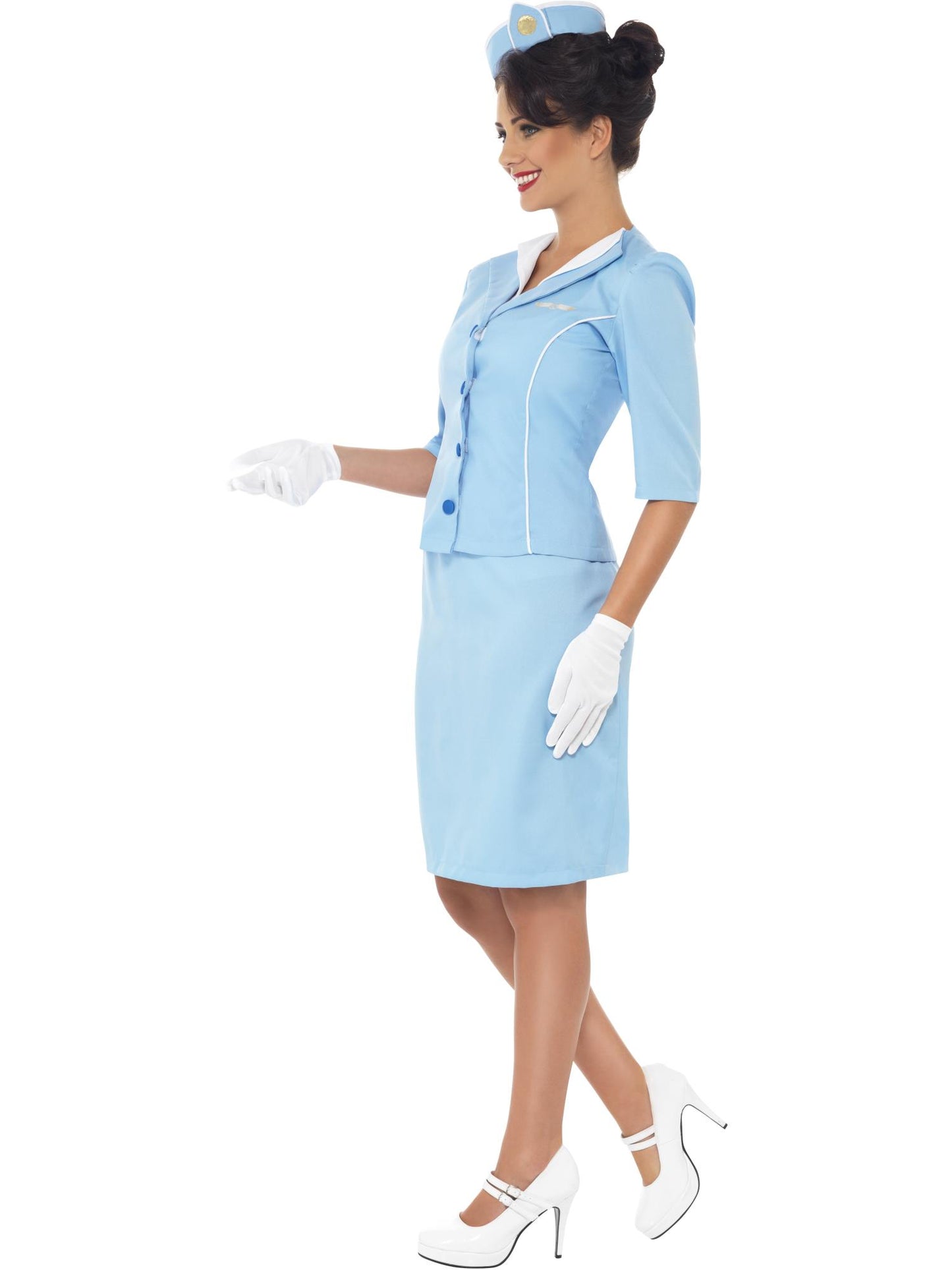 Disfraz de azafata del aire, azul, con chaqueta y cuello postizo, sombrero, falda y guantes