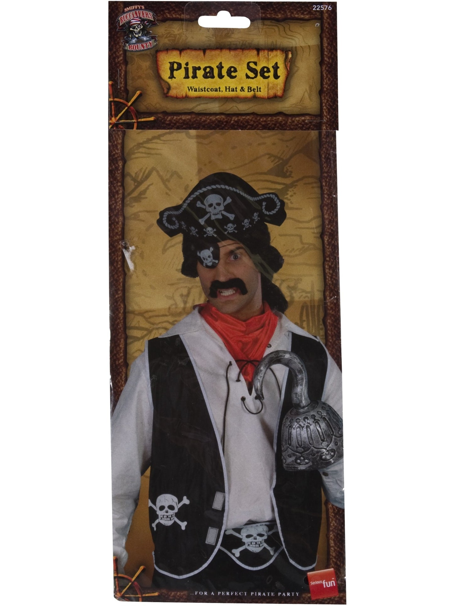 Panoplie de pirate, noire, avec chapeau, gilet et ceinture