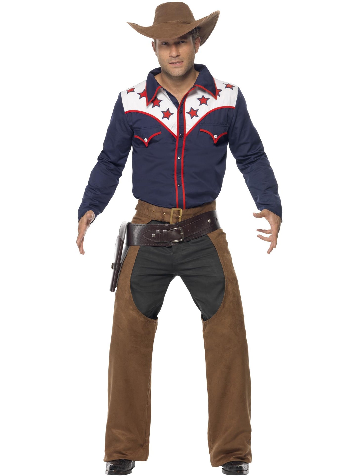Costume de cowboy rodéo, bleu, avec chemise, jambières et chapeau