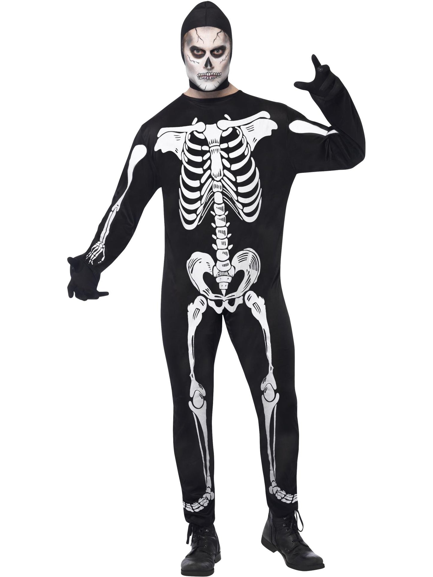 Costume combinaison-pantalon de squelette, Noir, avec capuche & gants