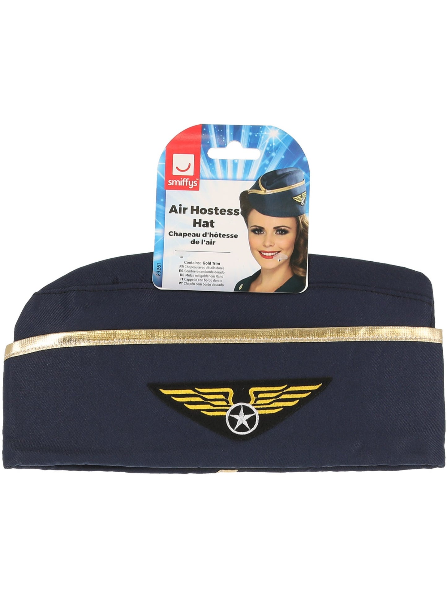 Sombrero de azafata del aire, azul, con borde dorado