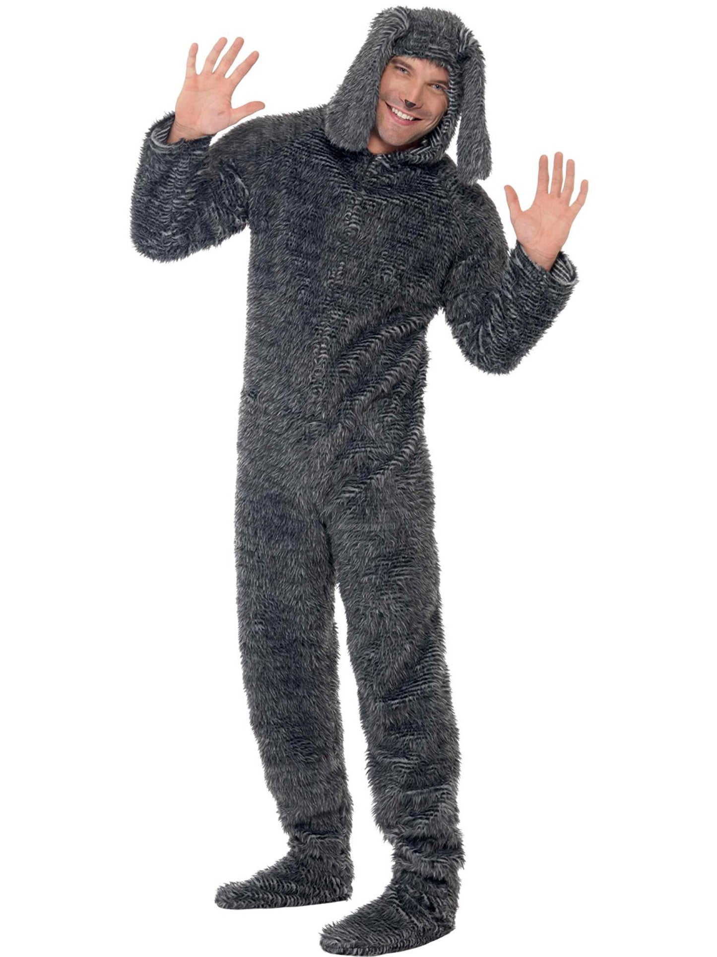 Costume chien moelleux, gris, tout en un avec capuche