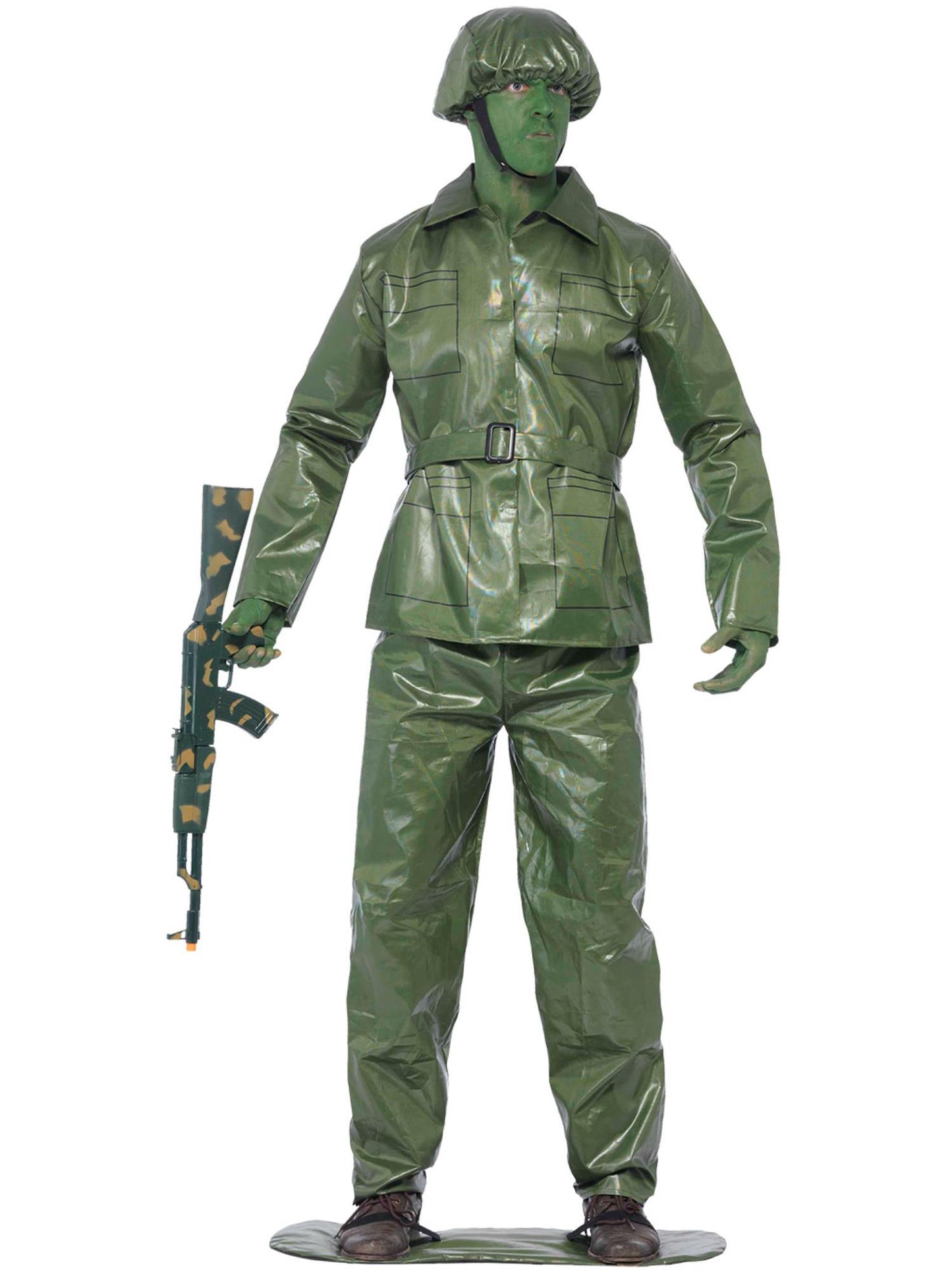 Costume soldat jouet, Vert, avec haut, pantalon, ceinture, chapeau et base pour les pieds