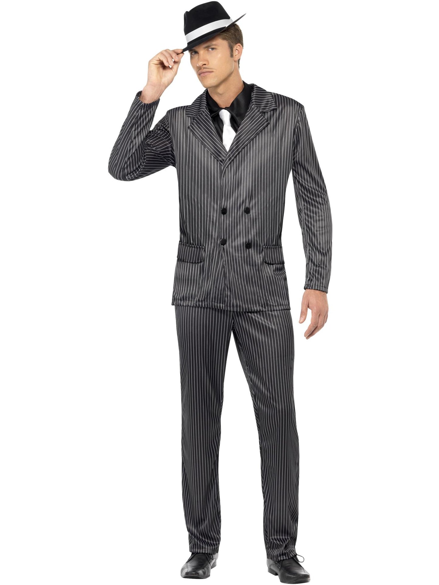 Disfraz de gánster, chaqueta de raya diplomática y pantalones, pechera de camisa y corbata