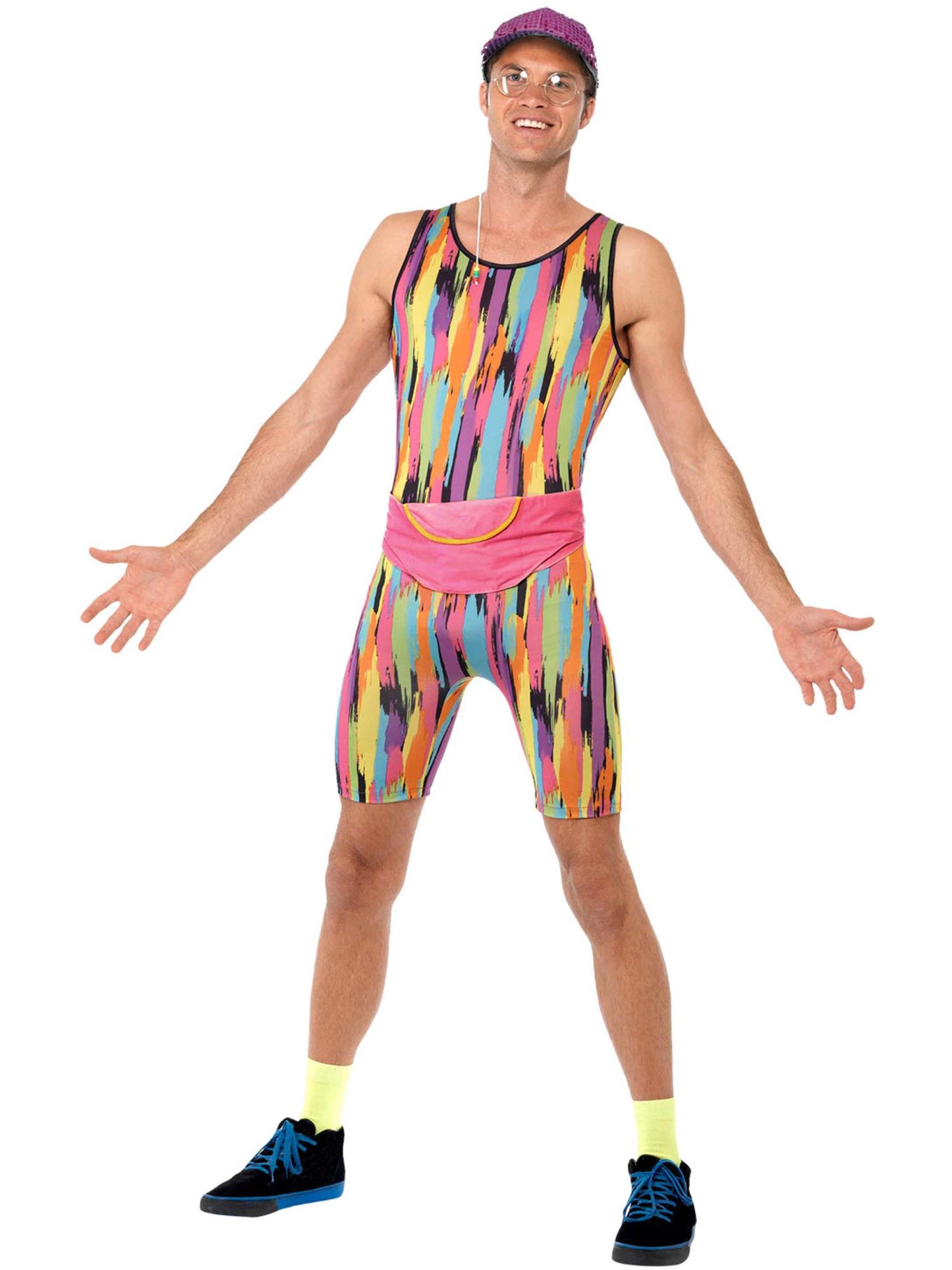 Disfraz Instructor de Aerobica, multicolor, enterizo, sombrero y bolso canguro