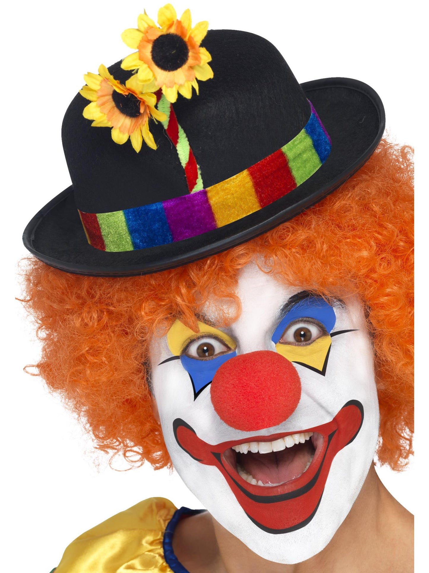 Clown-Bowler, Schwarz, mit mehrfarbigem Band und Blume