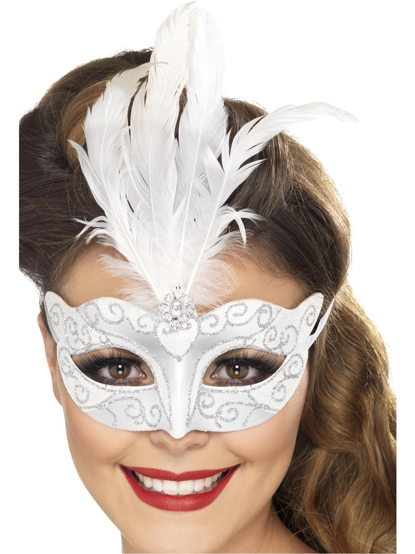 Venezianische Glitzer-Augenmaske, Silber, mit Federn