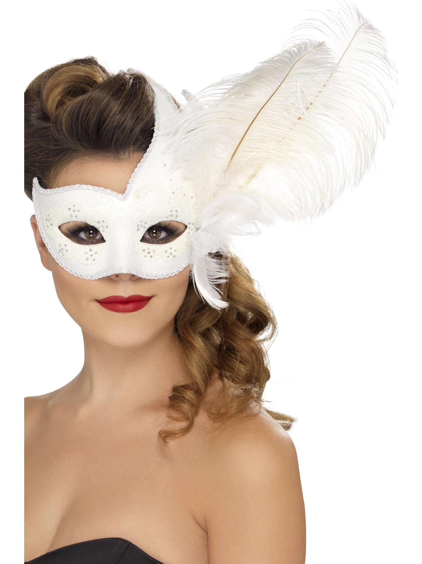 Antifaz ornamentado de Colombina, blanco, con pluma