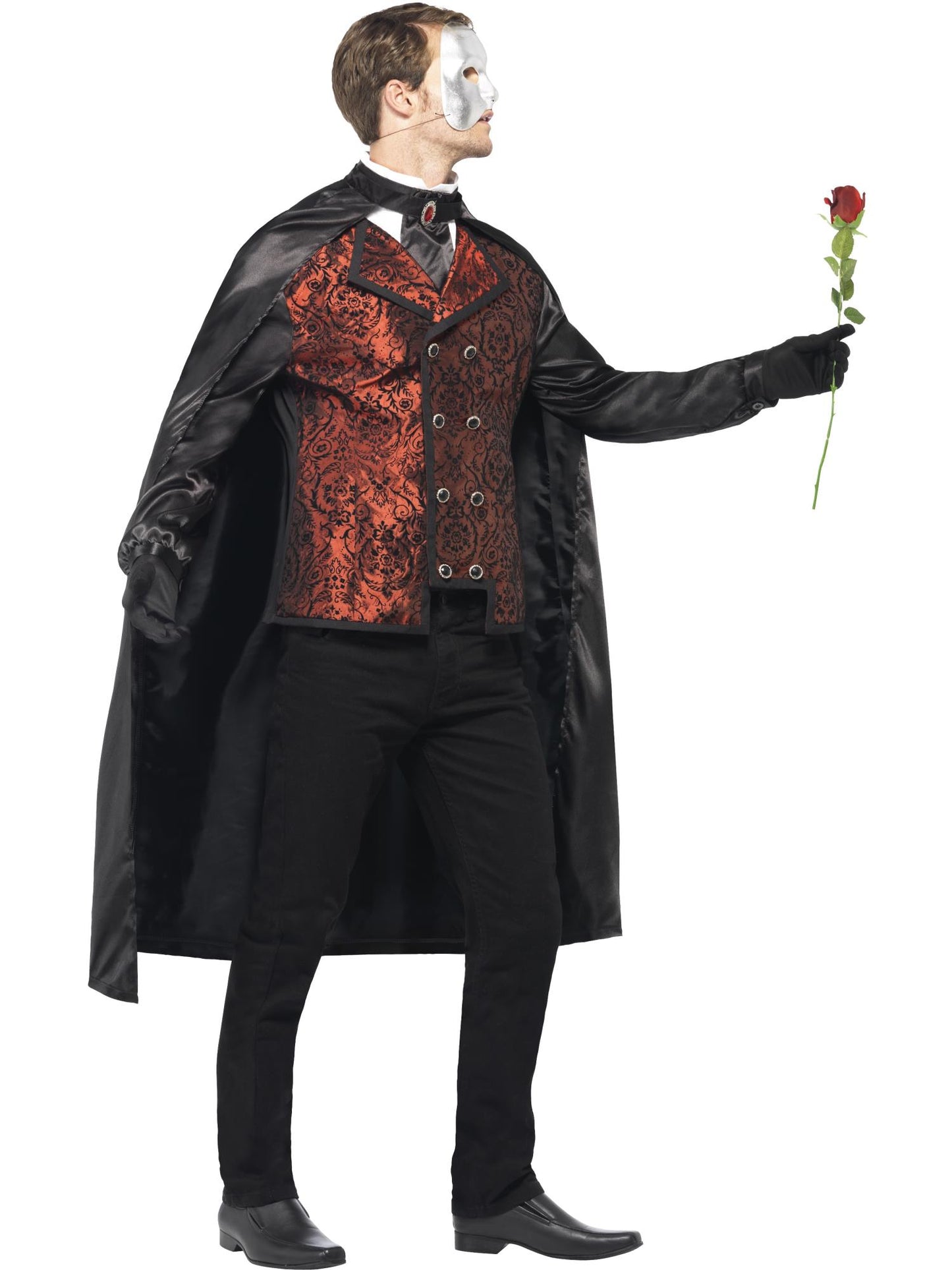 Costume mascarade opéra sombre, avec cape, fausse chemise, masque, gants & fausse rose