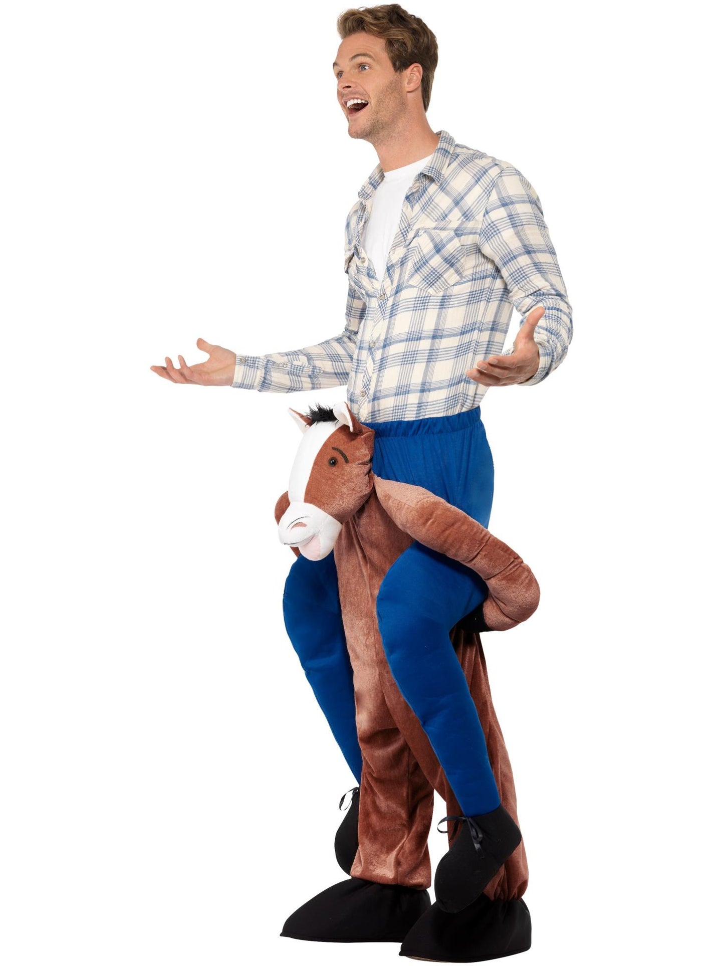 Costume de cheval portant quelqu’un sur son dos, marron, costume une pièce avec fausses jambes