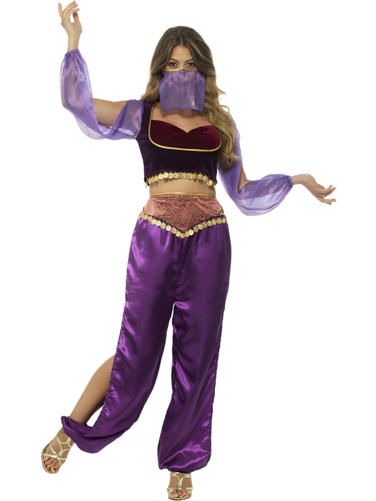 Arabische-Prinzessin-Kostüm, Violett, mit Hose, Oberteil und Gesichtsschleier