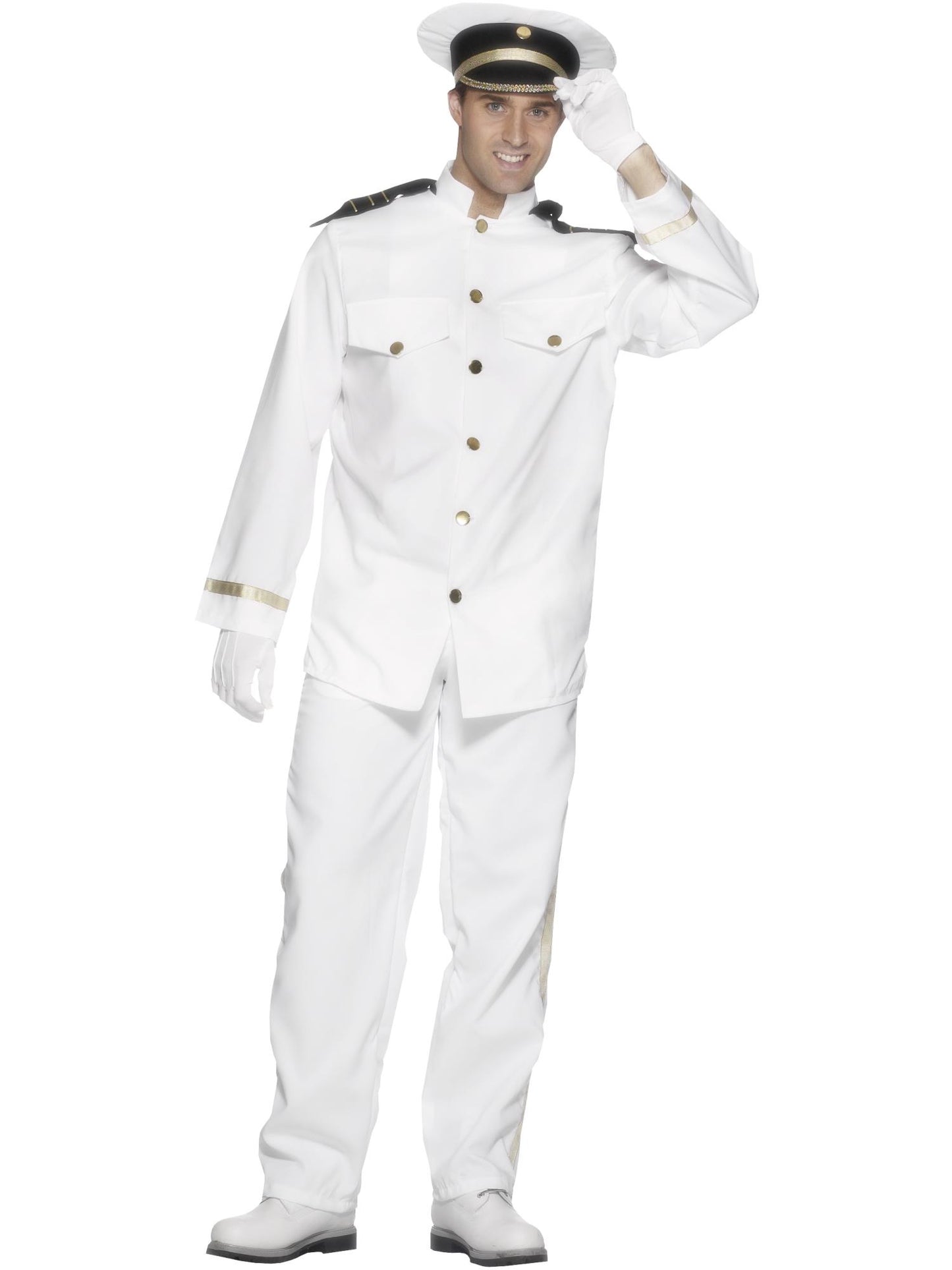 Costume de capitaine, blanc, avec veste, pantalon, casquette et gants