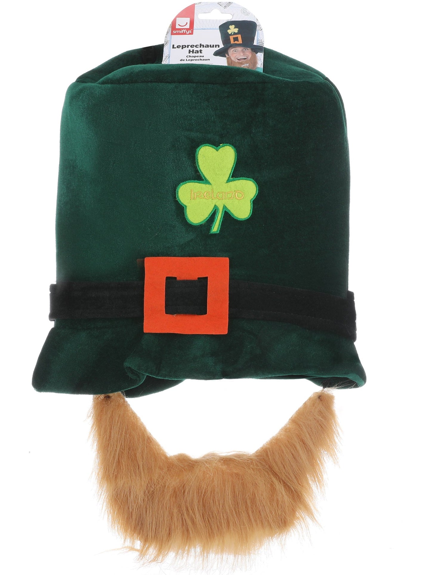 Gorro de duende, verde, con tréboles, hebilla y barba pelirroja unida