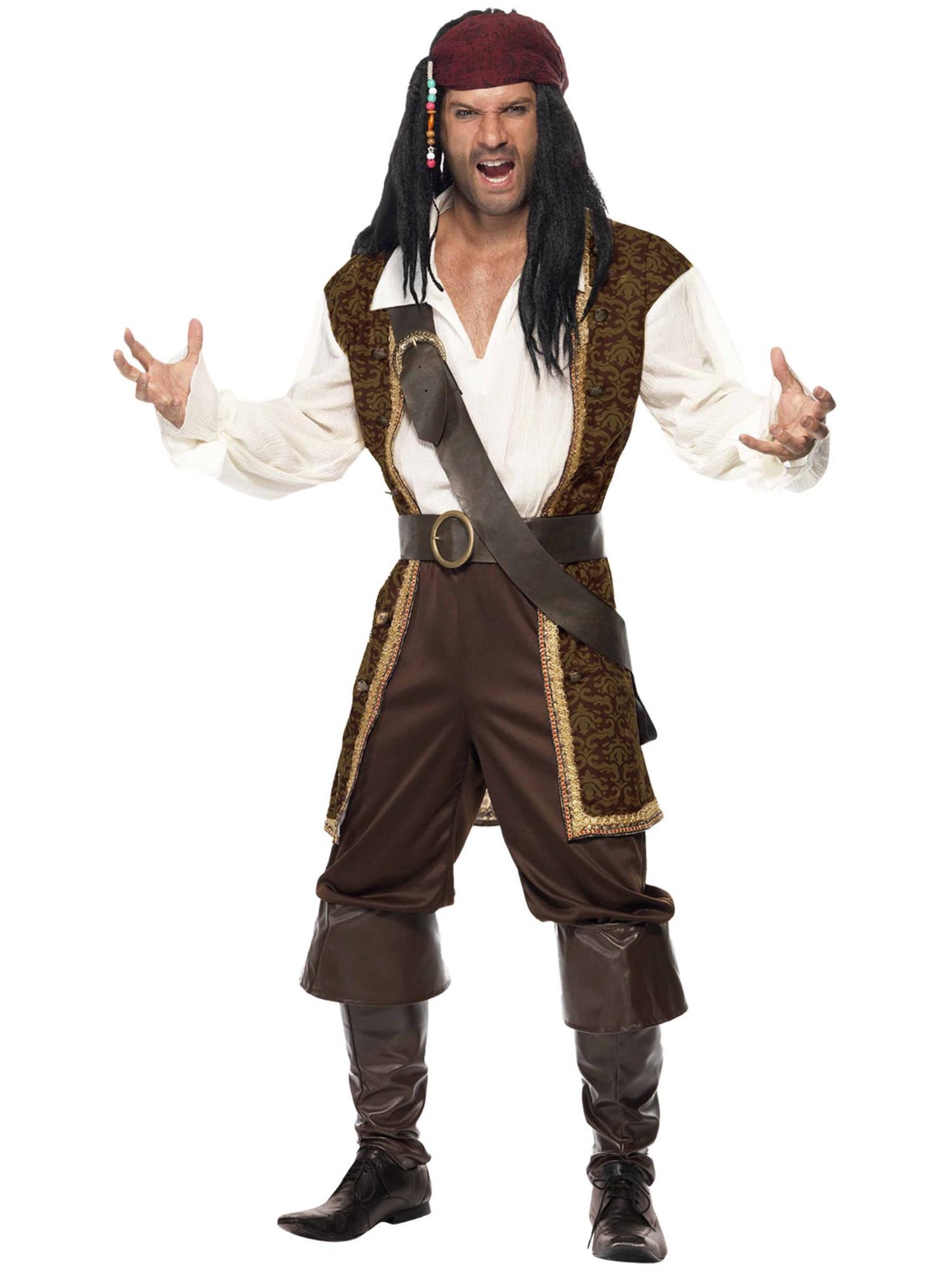 Costume pirate de haute mer, marron, avec haut, pantalon short, baudrier, ceinture et foulard