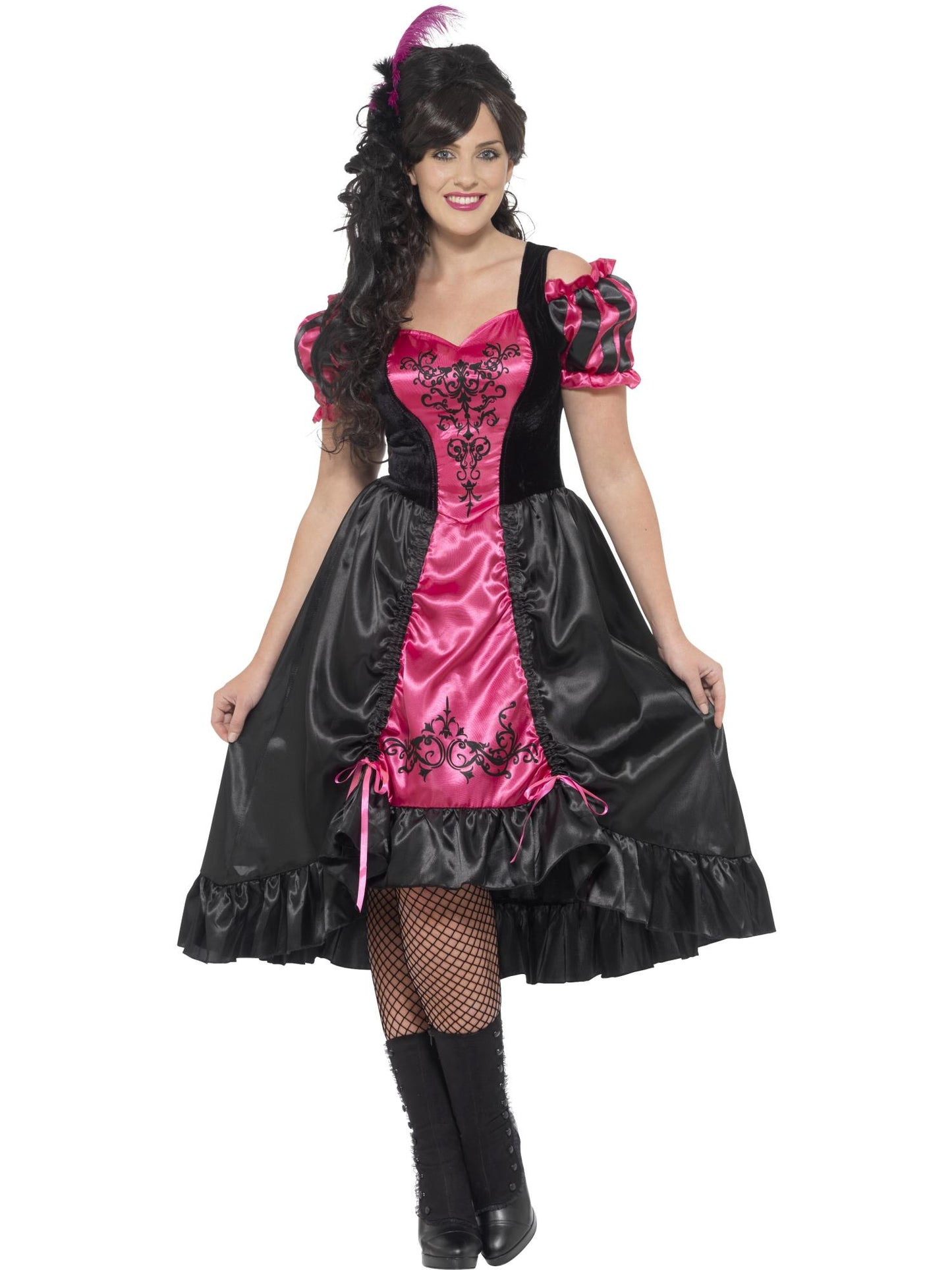 Disfraz de camarera descarada de bar del Viejo Oeste con curvas, Rosa, con vestido y horquilla con pluma