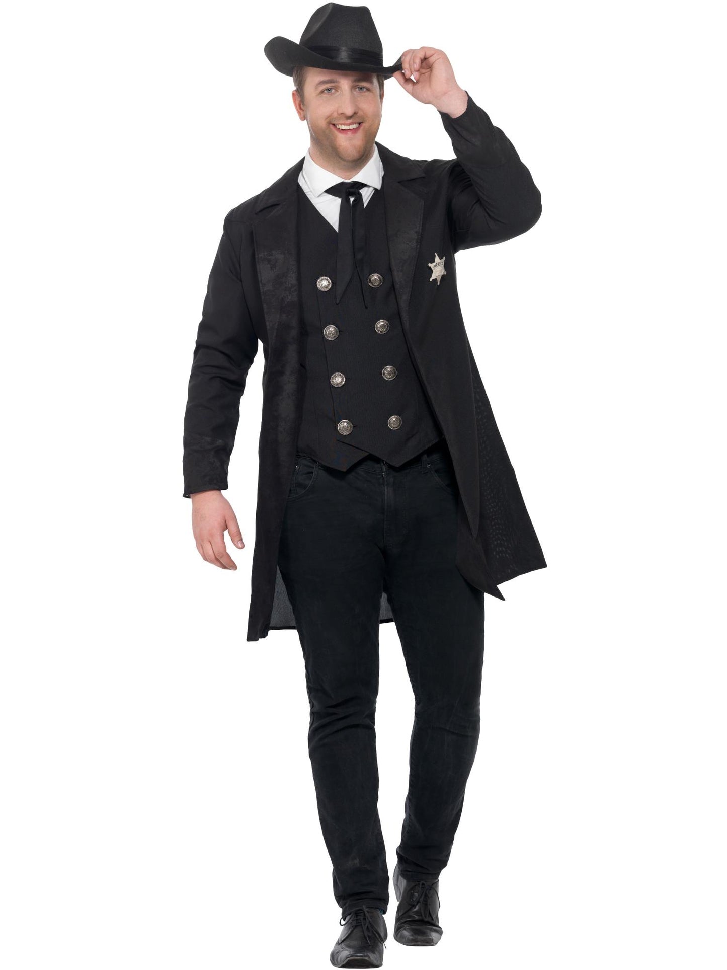 Disfraz de sheriff con curvas, Negro, con chaqueta, chaleco, corbata y sombrero