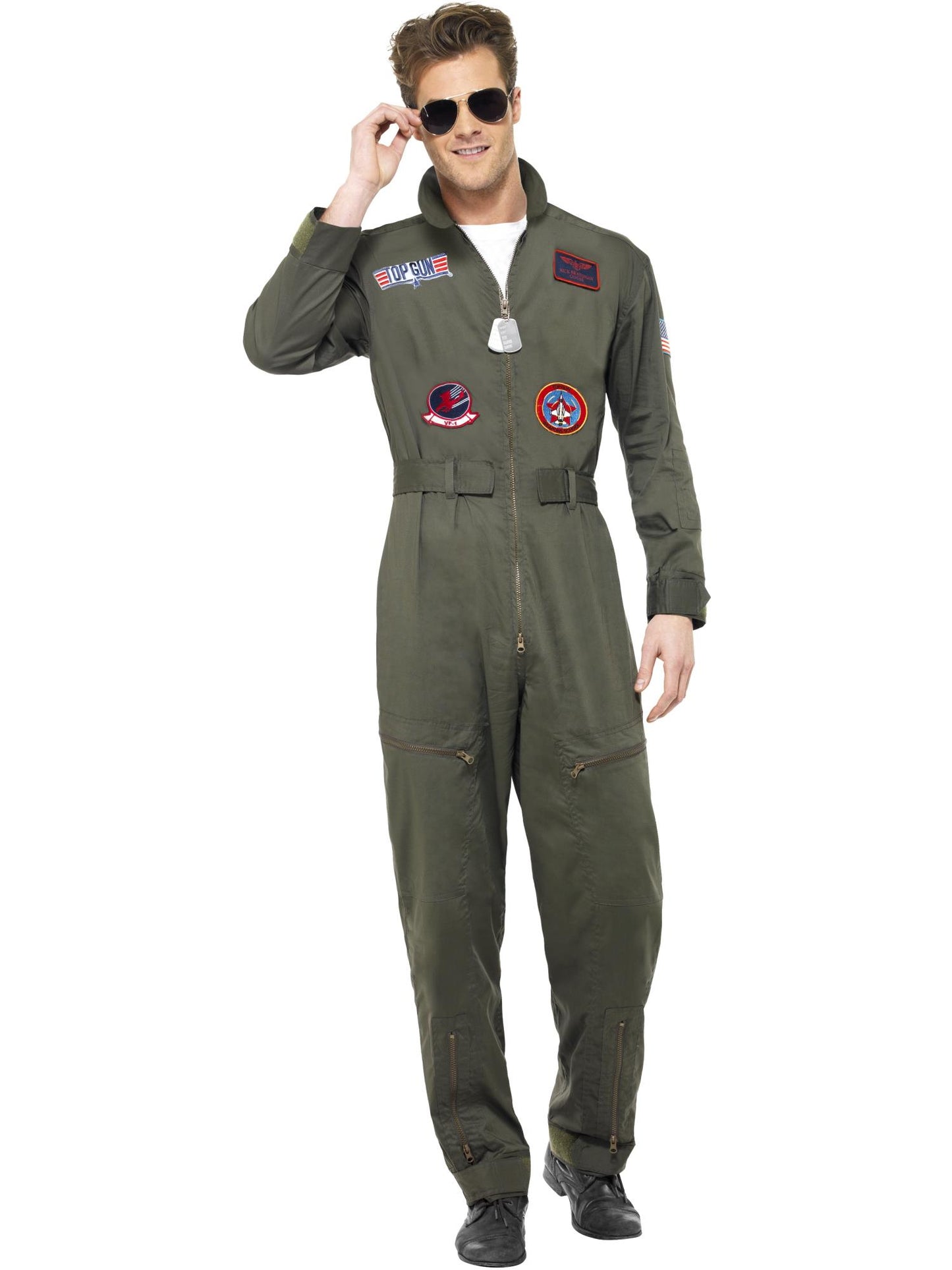 Luxuskostüm für Herren Top Gun, Grün, mit Overall, Erkennungsmarke & Brille