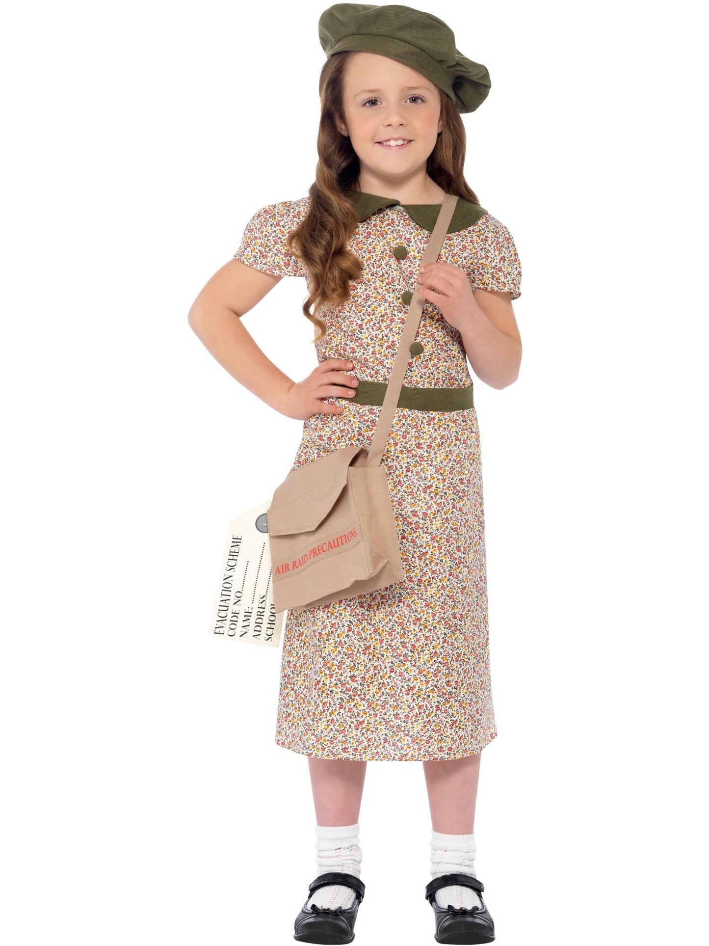 Costume à motifs de jeune fille évacuée, avec robe, sacoche, étiquette d'identification et béret