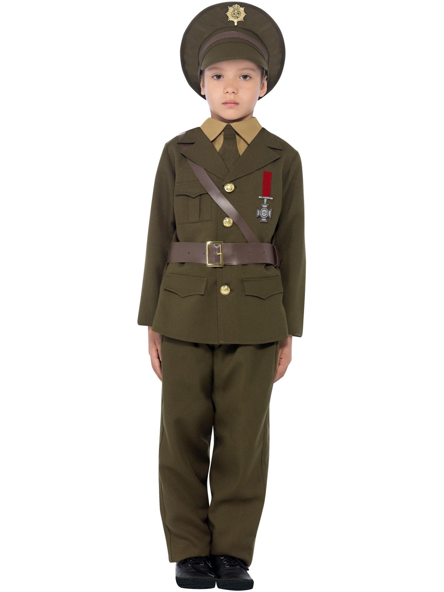 Army Offizier Kostüm, Grün, mit Jacke, Gürtel, Hose, Kopfbedeckung, vorgetäuschtem Hemd und Krawatte