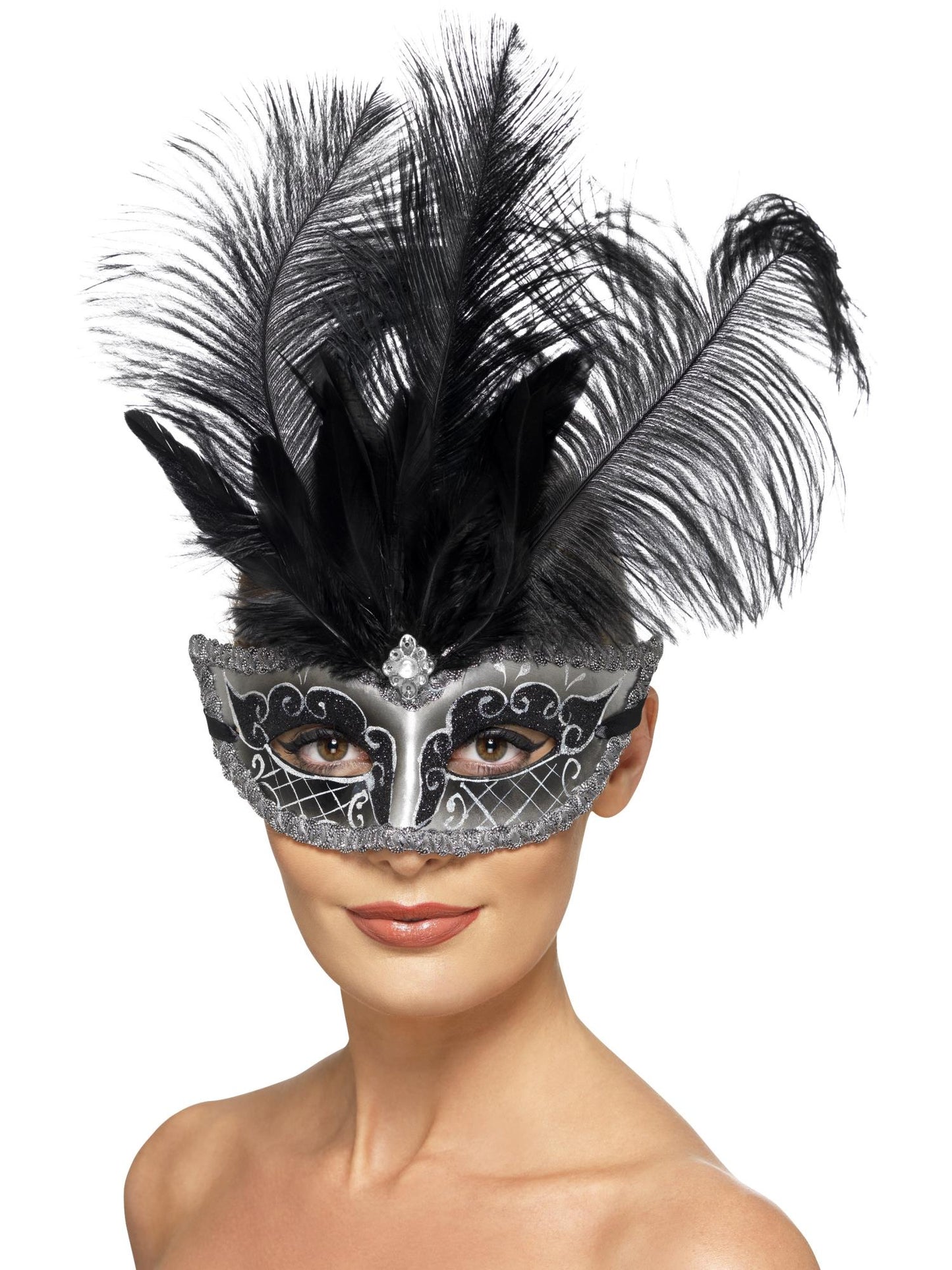Masque Colombine vénitien, Gris, avec plumes noires