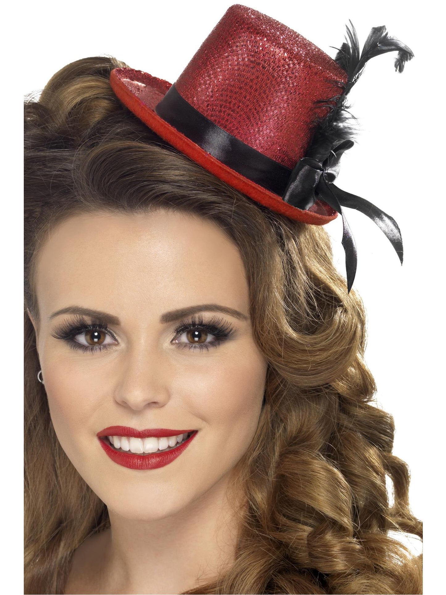 Mini haut de forme, rouge avec ruban noir et plume