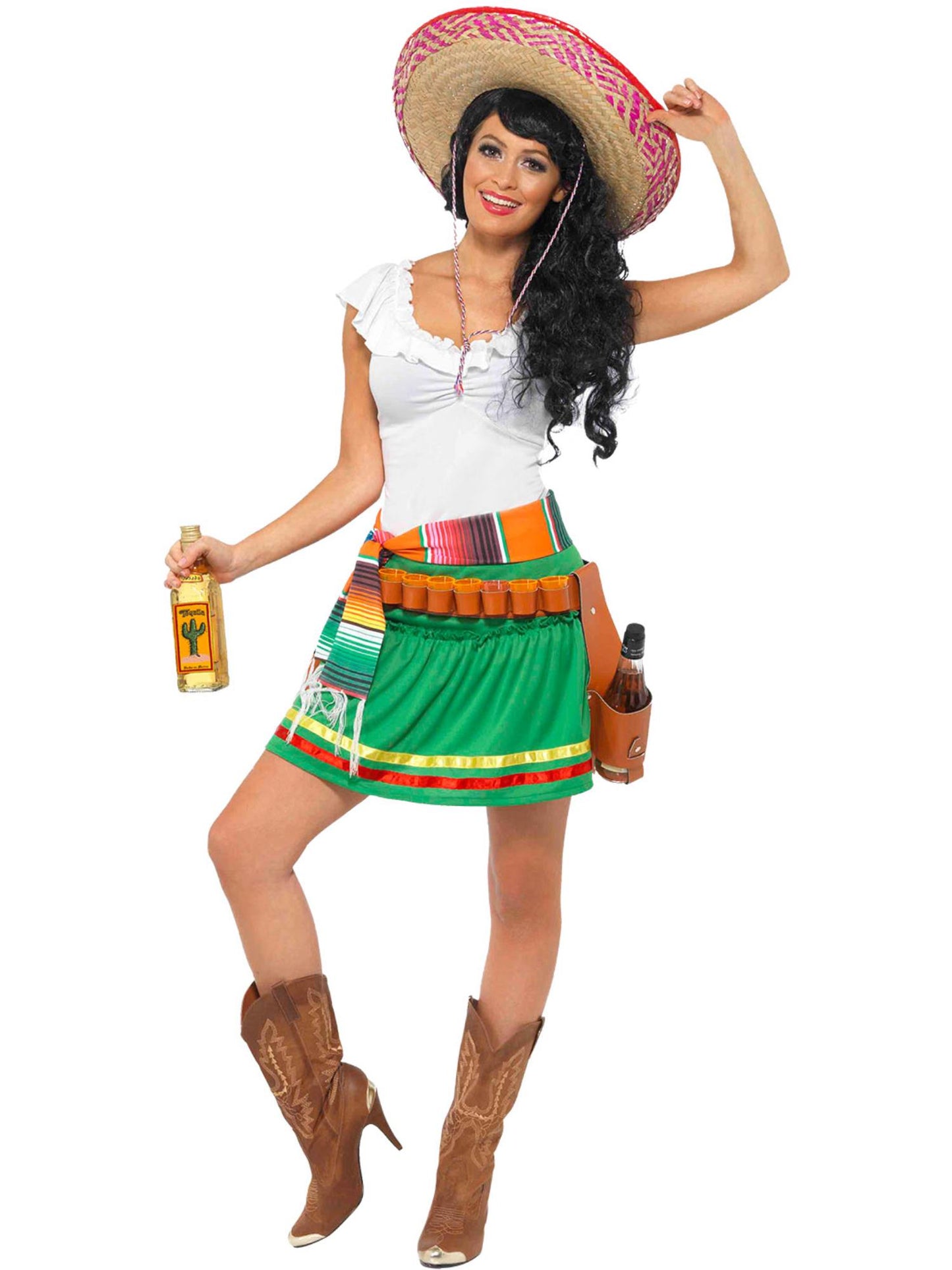 Costume femme mexicaine tequila, avec robe, ceinture à rayures et ceinture avec holster