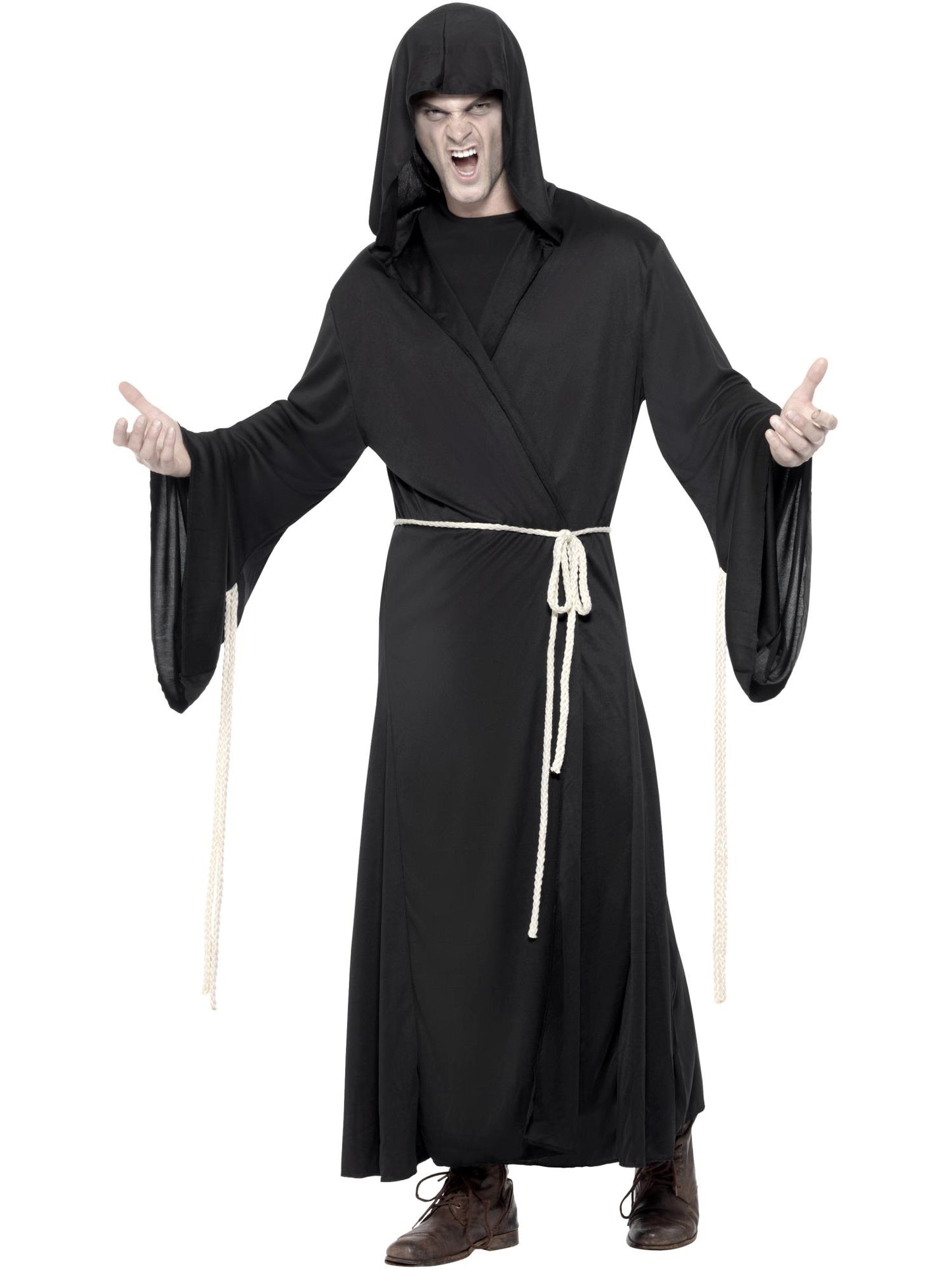 Costume faucheuse sinistre, Noir, avec robe à capucheet ceinture en corde