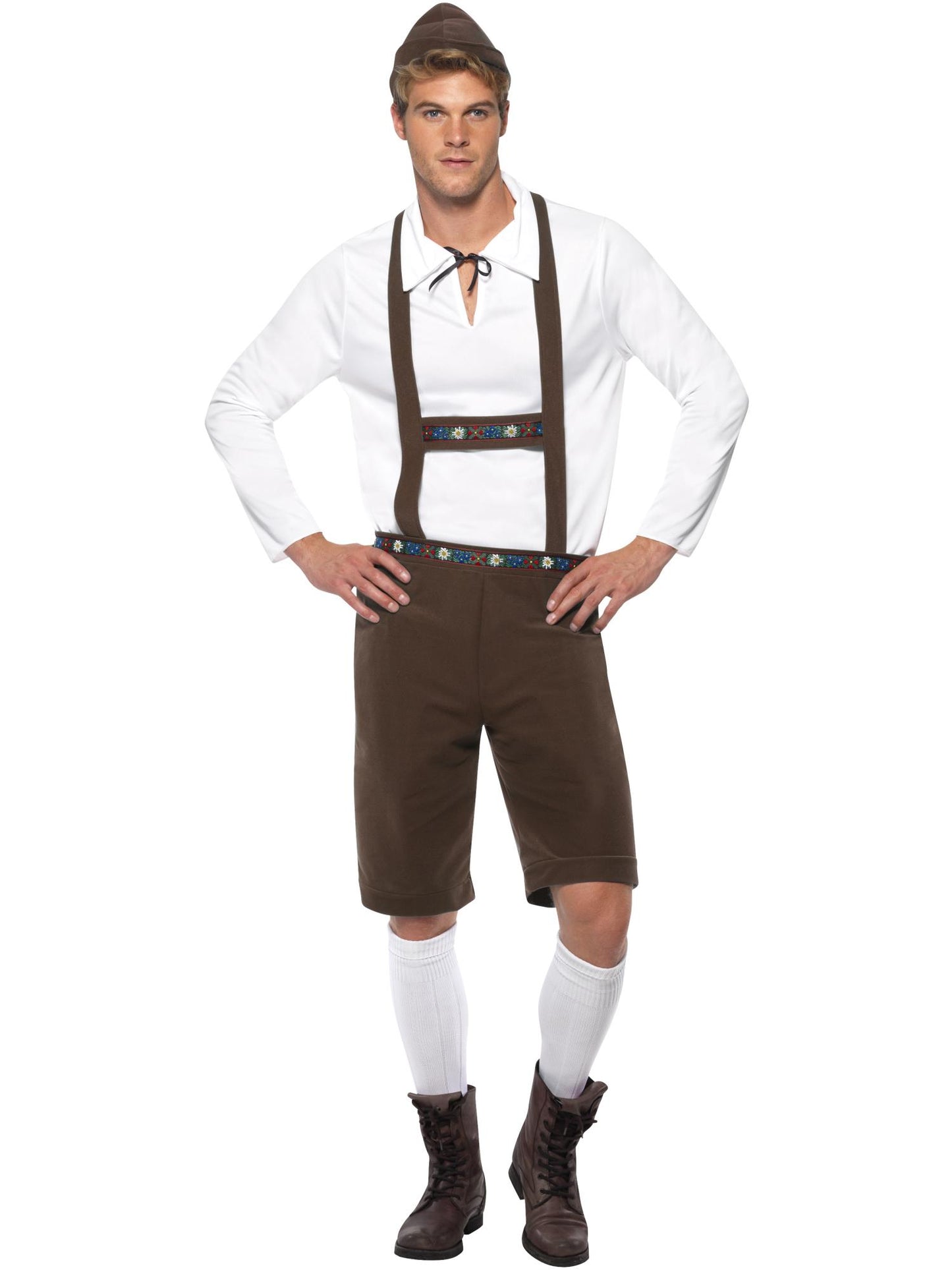 Costume de bavarois, marron, short lederhosen avec brassards, haut et chapeau