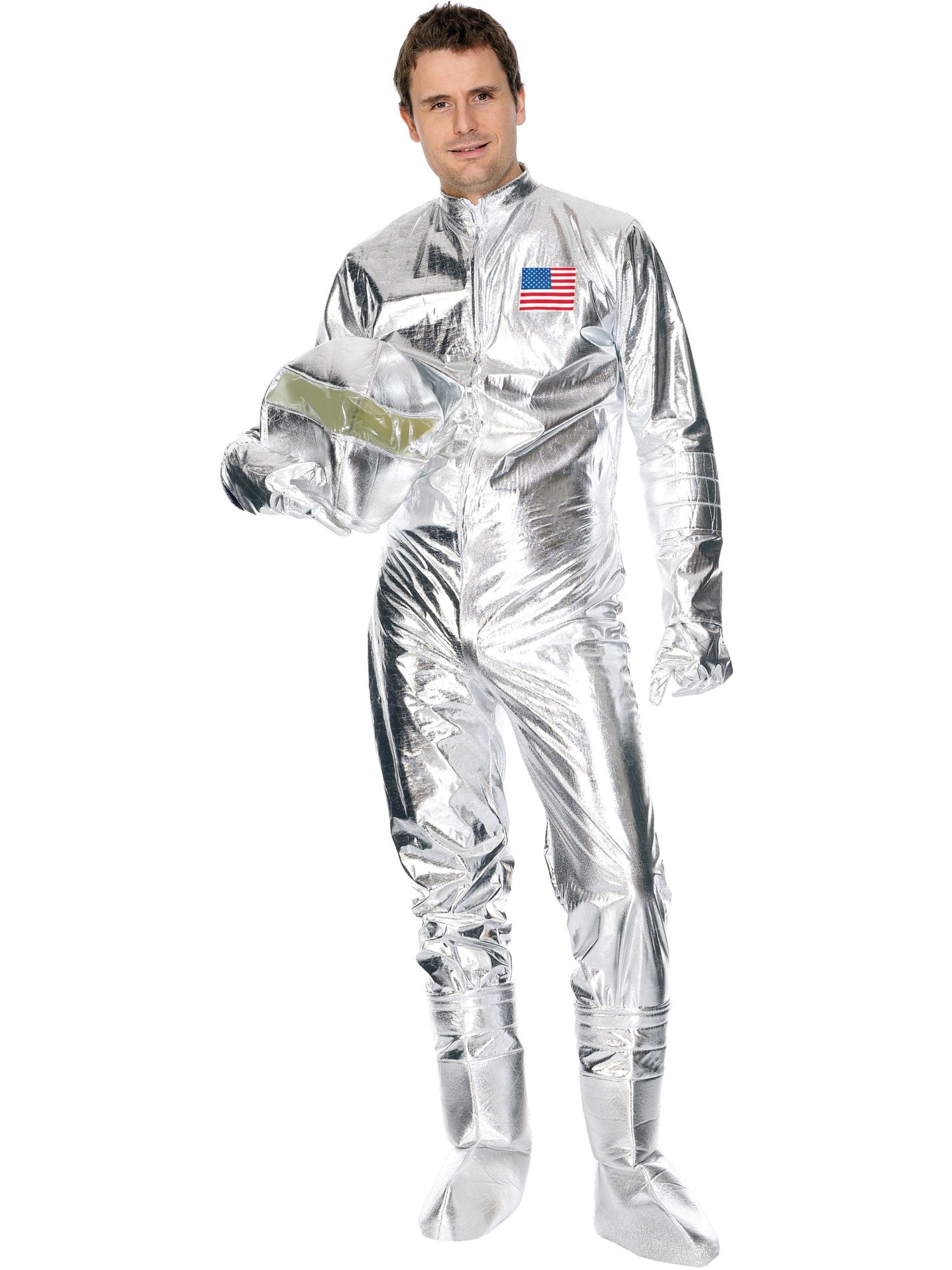 Disfraz de astronauta, plateado, con enterizo, capucha, guantes y cubrebotas