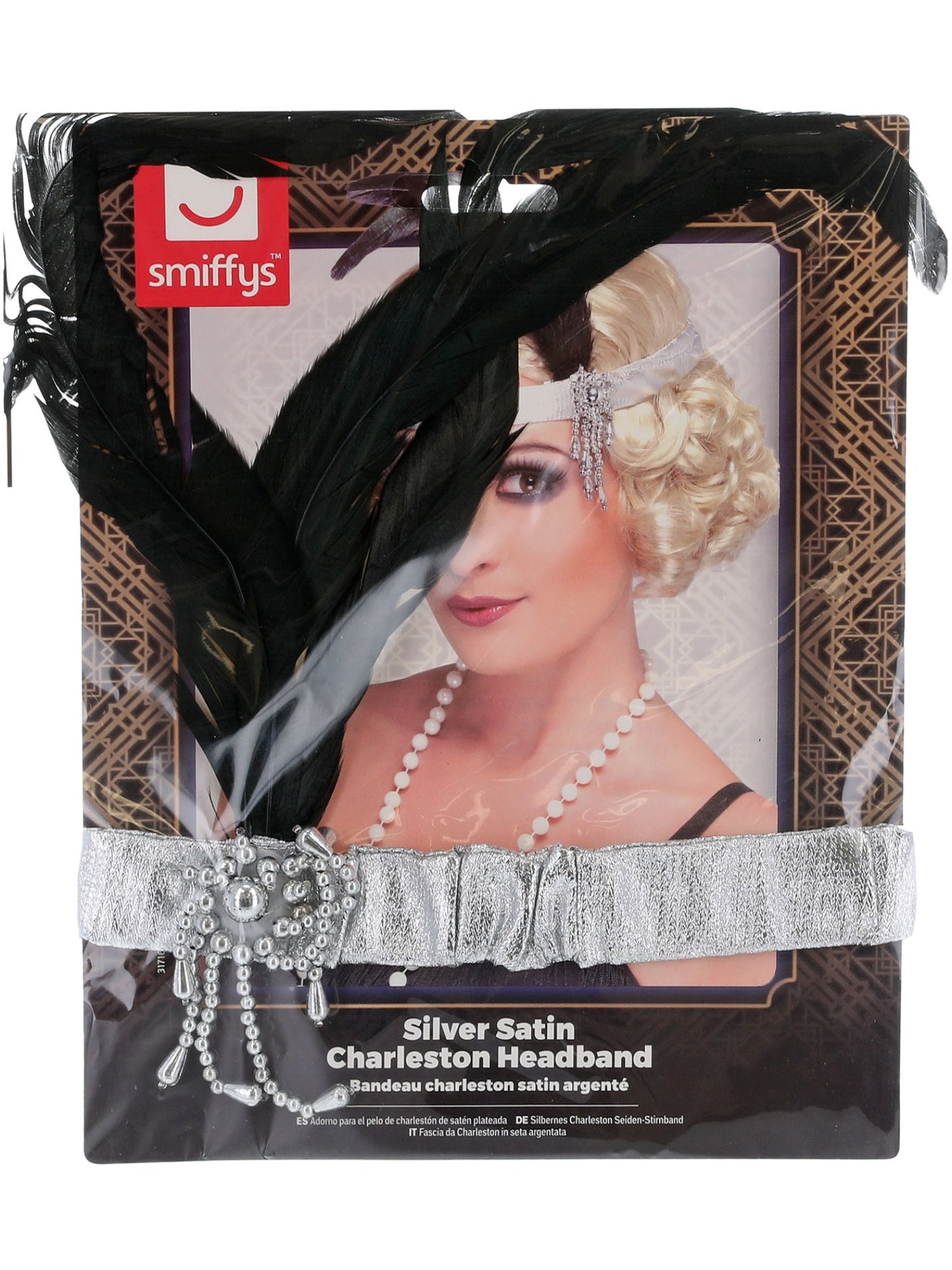 Bandeau charleston satin argenté, avec plumes noires et joyaux