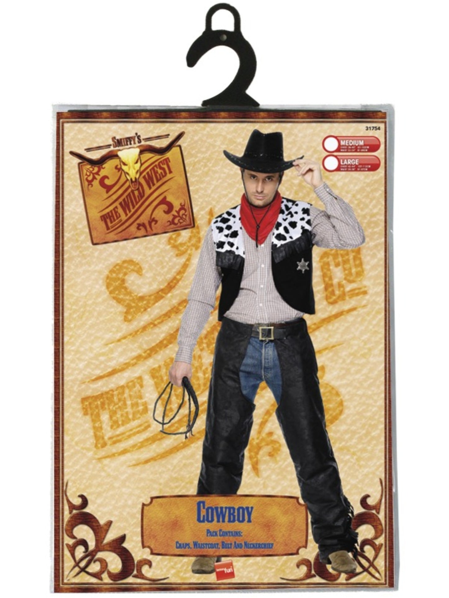 Costume cowboy, noir, avec jambières, gilet, ceinture et foulard