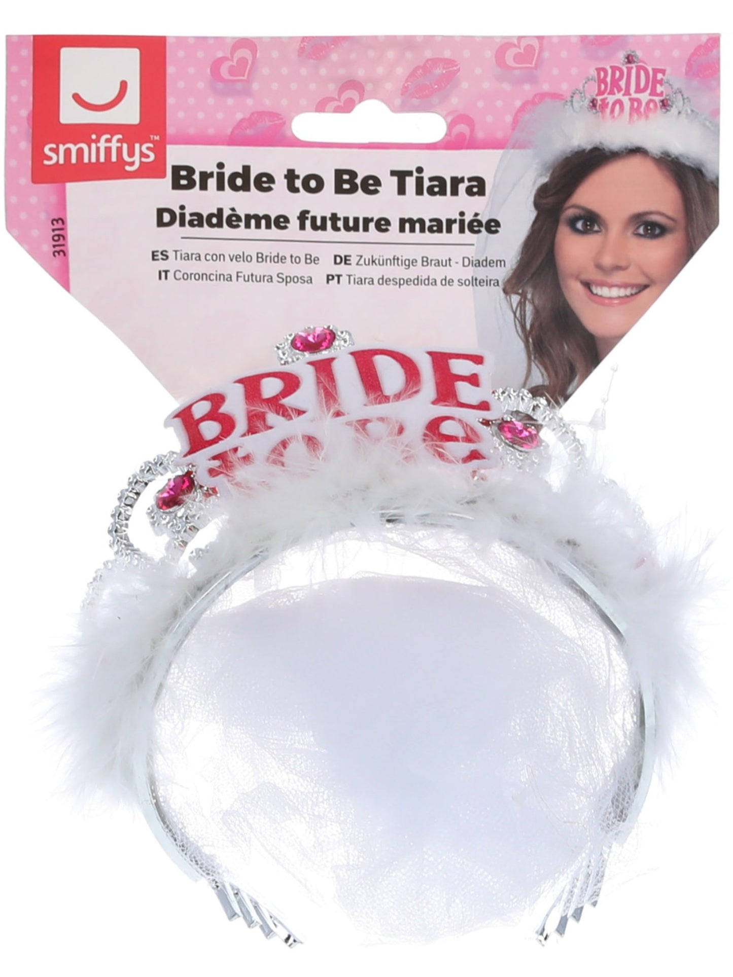 Tiara con velo Bride to Be, blanco, con impresión en rosado