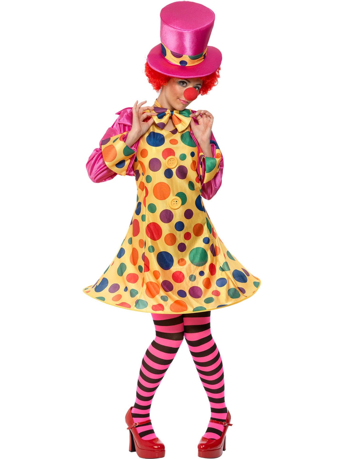 Costume de clown femme, multi couleurs, robe cerclée, chemise, nœud papillon, collants à rayures et chapeau