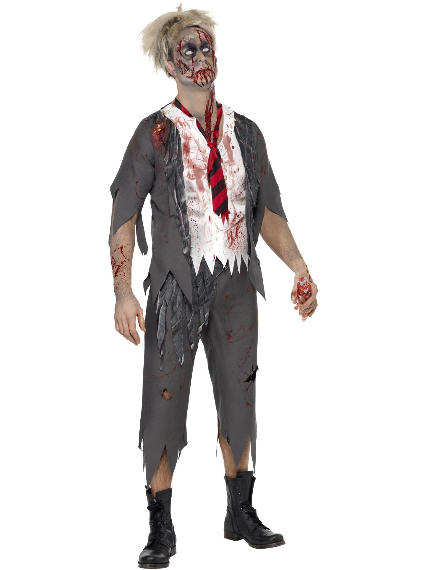 Costume écolier zombie horreur High School, Gris, avec veste, chemise attachée, cravateet pantalon