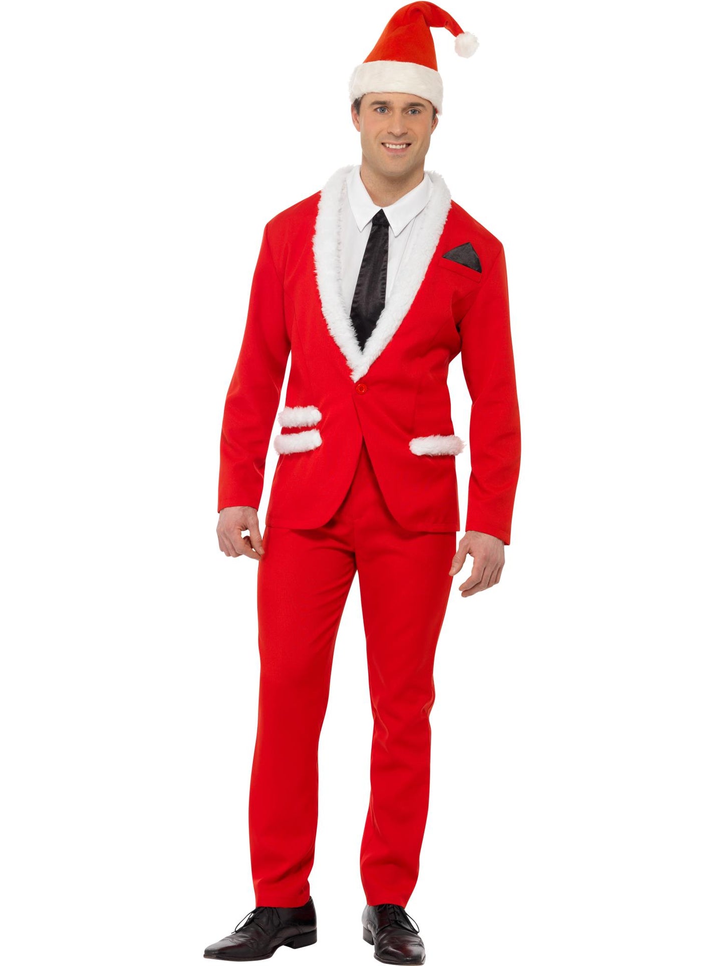 Costume Père Noël cool, Rouge, avec veste, pantalon, chapeau, fausse chemise et cravate
