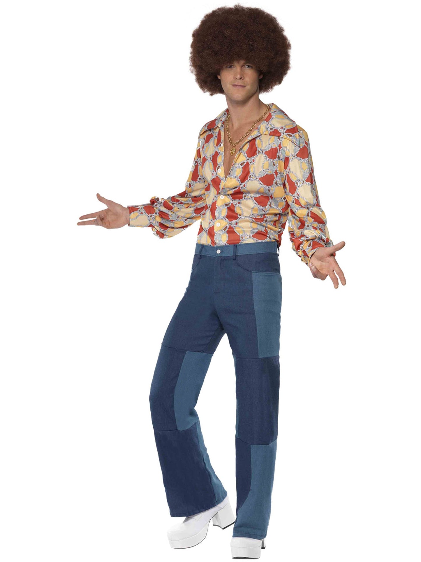 Pantalones de campana patchwork de hombre, look denim, estilo de los 70