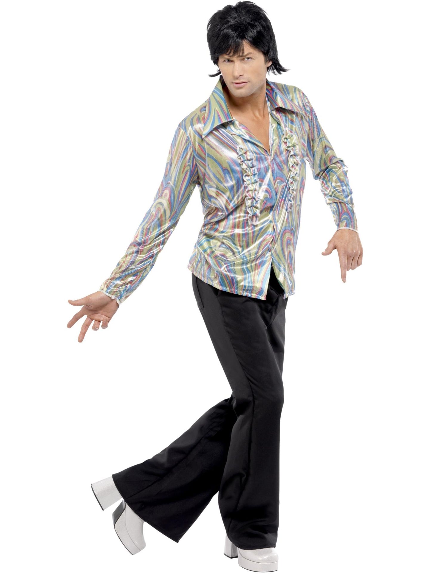 Disfraz retro de los 70, negro, con estampado psicodélico, camisa y pantalones de campana