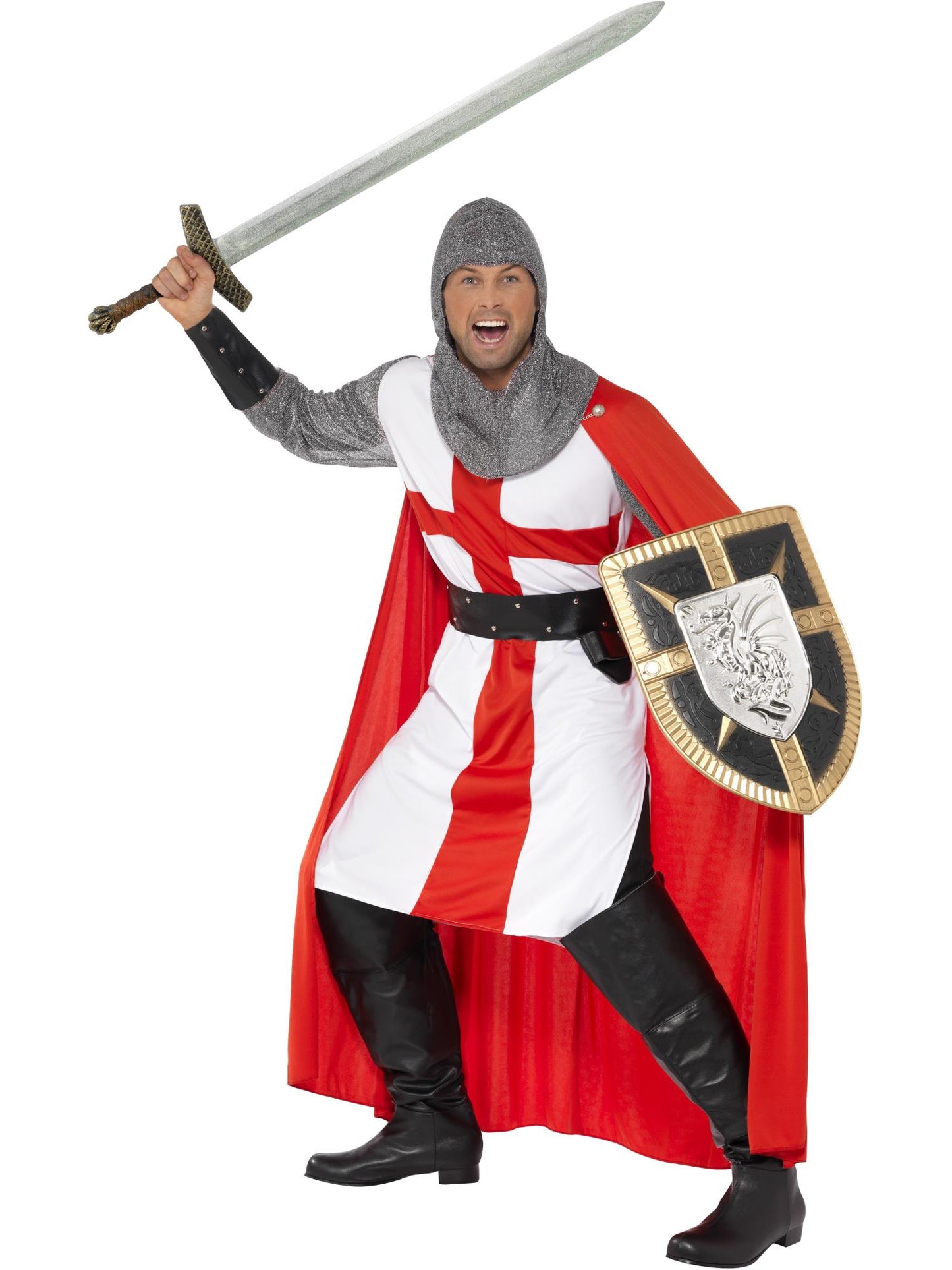 Costume Saint-Georges, le héros, Rouge, avec tunique, cape, coiffe, manchettes et ceinture