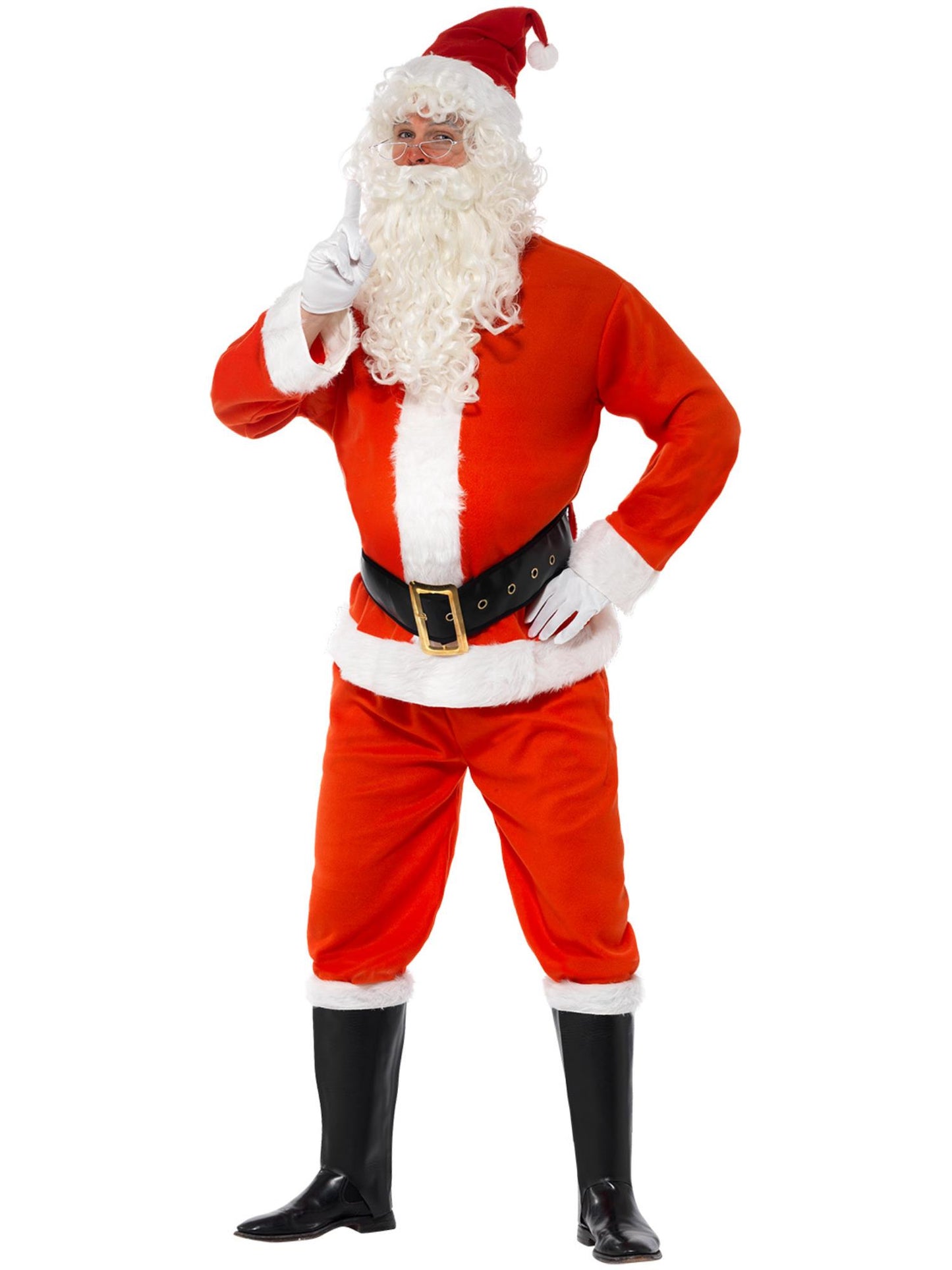 Disfraz de Santa, Rojo, con chaqueta, pantalón, cinturón, gorro, guantes y fundas para las botas, deluxe