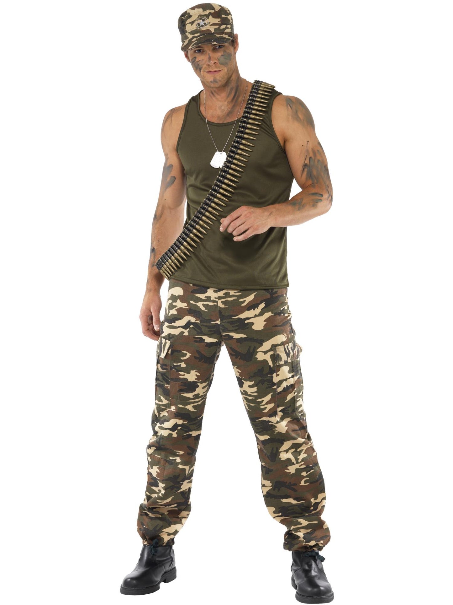Disfraz de camuflaje deluxe, color caqui, para hombre, incluye camiseta, pantalones y gorro